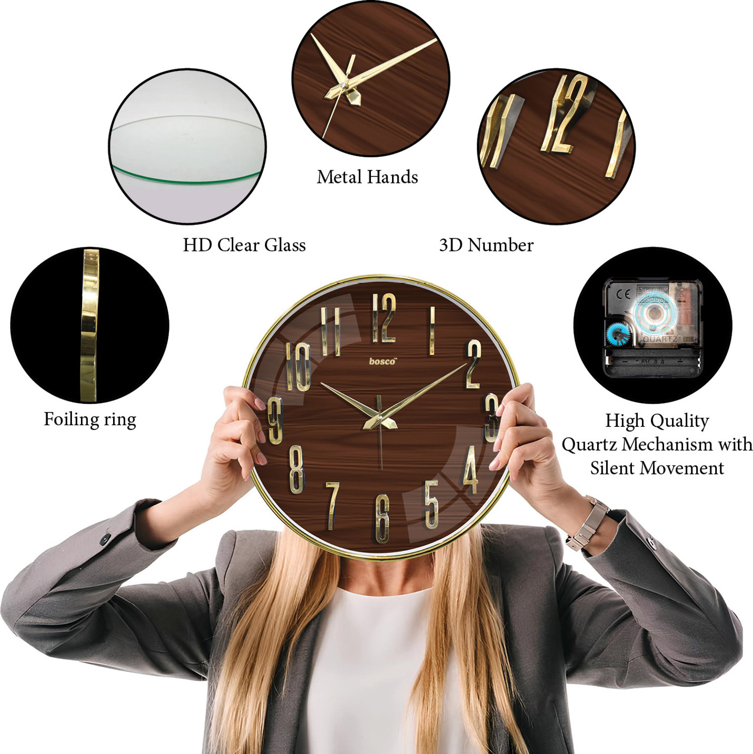 Image of BOSCO Analog 33 cm X 33 cm Wall Clock (Gold, With Glass, Standard)