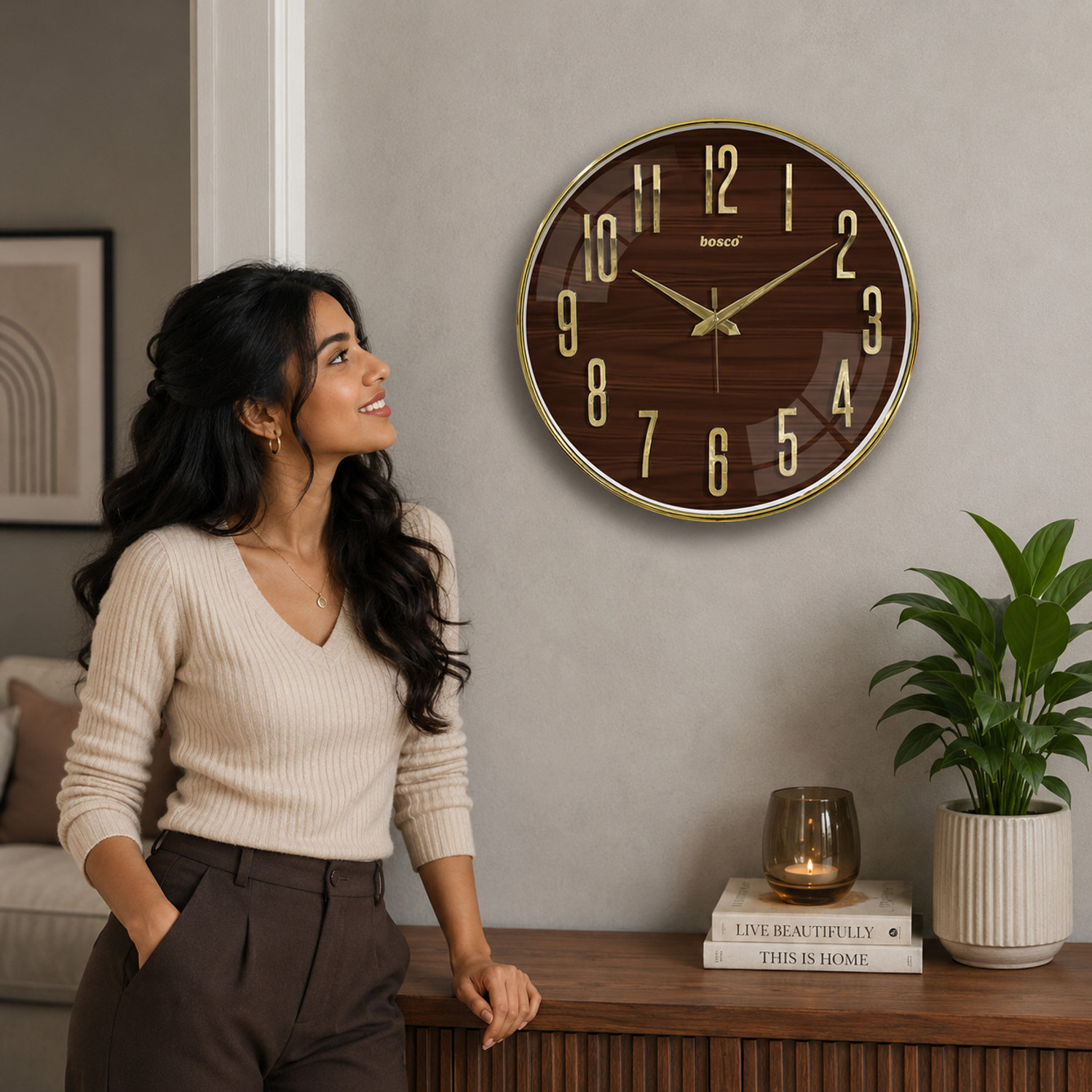 Image of BOSCO Analog 33 cm X 33 cm Wall Clock (Gold, With Glass, Standard)