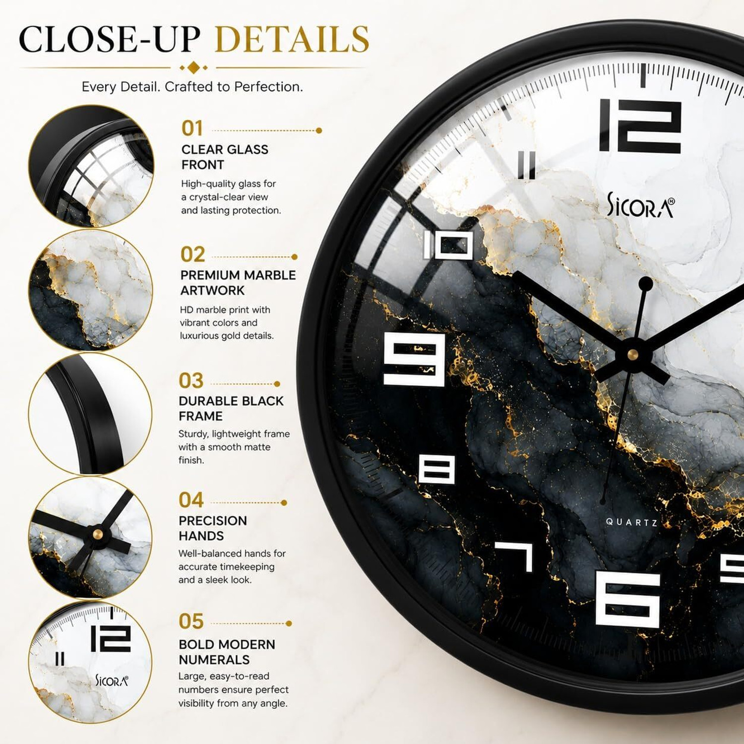 Image of SICORA Analog 30 cm X 30 cm Wall Clock (Black, With Glass, Standard)