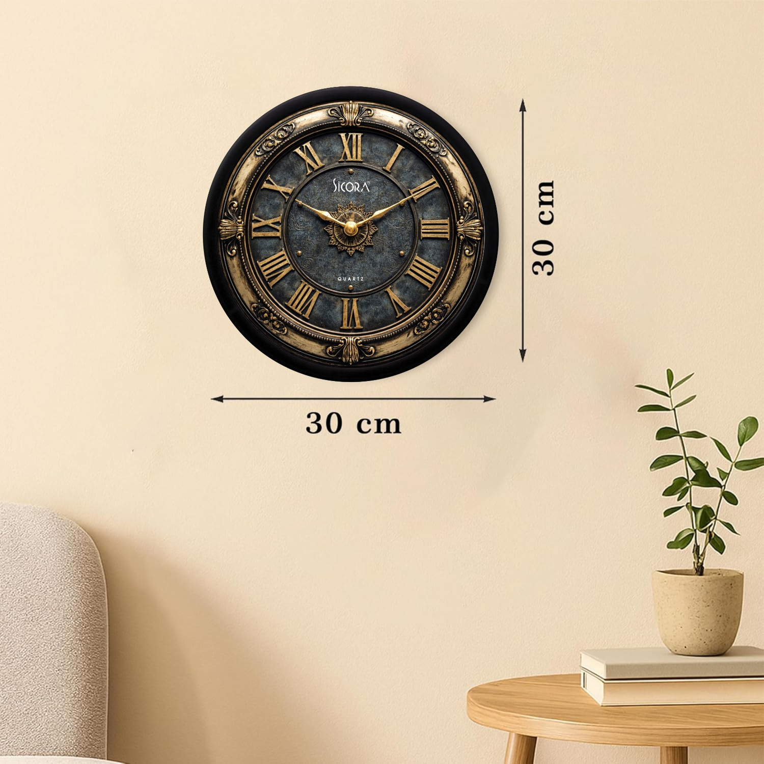 Image of SICORA Analog 30 cm X 30 cm Wall Clock (Black, With Glass, Standard)