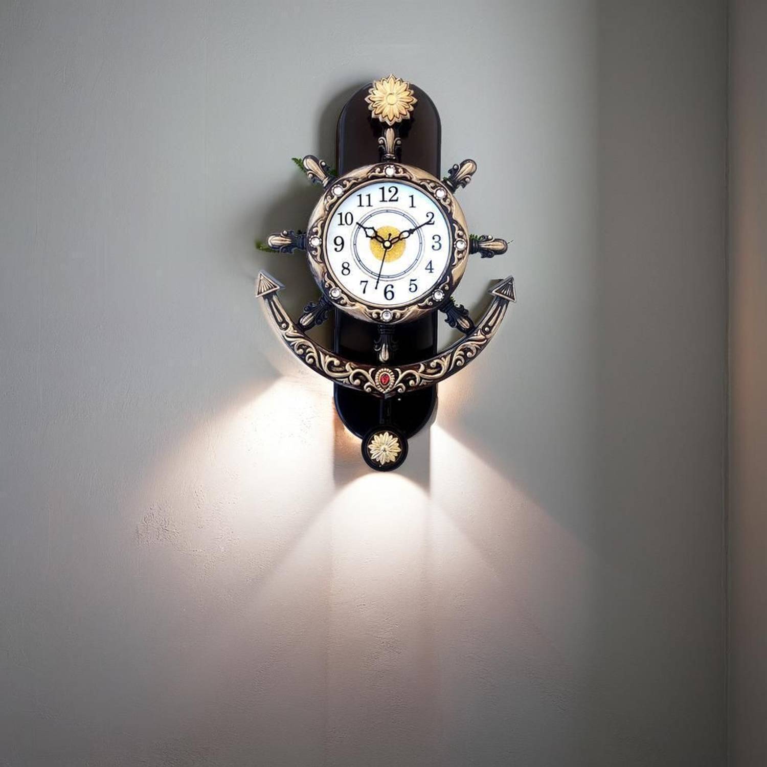 GrabBasket Analog 36 cm X 26 cm Wall Clock (Gold, Brown, With Gla
