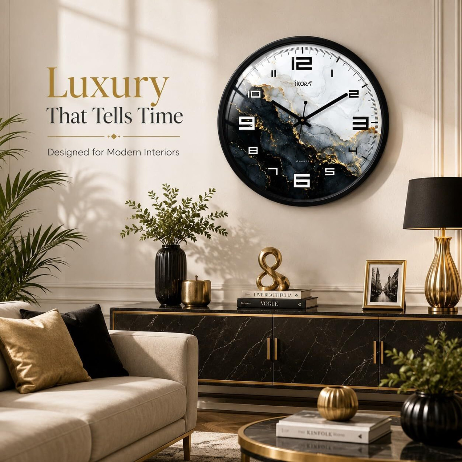 Image of SICORA Analog 30 cm X 30 cm Wall Clock (Black, With Glass, Standard)