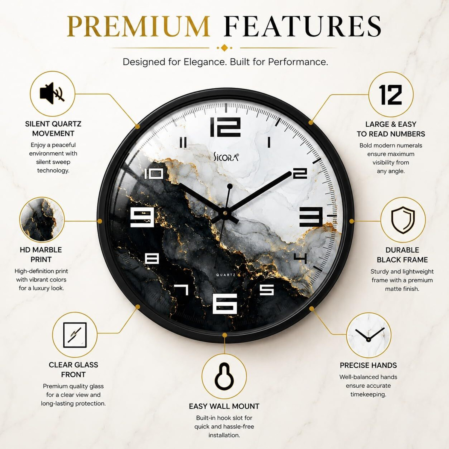Image of SICORA Analog 30 cm X 30 cm Wall Clock (Black, With Glass, Standard)
