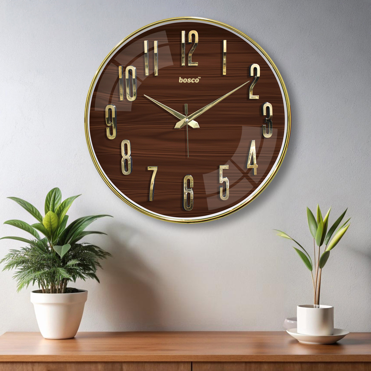 Image of BOSCO Analog 33 cm X 33 cm Wall Clock (Gold, With Glass, Standard)