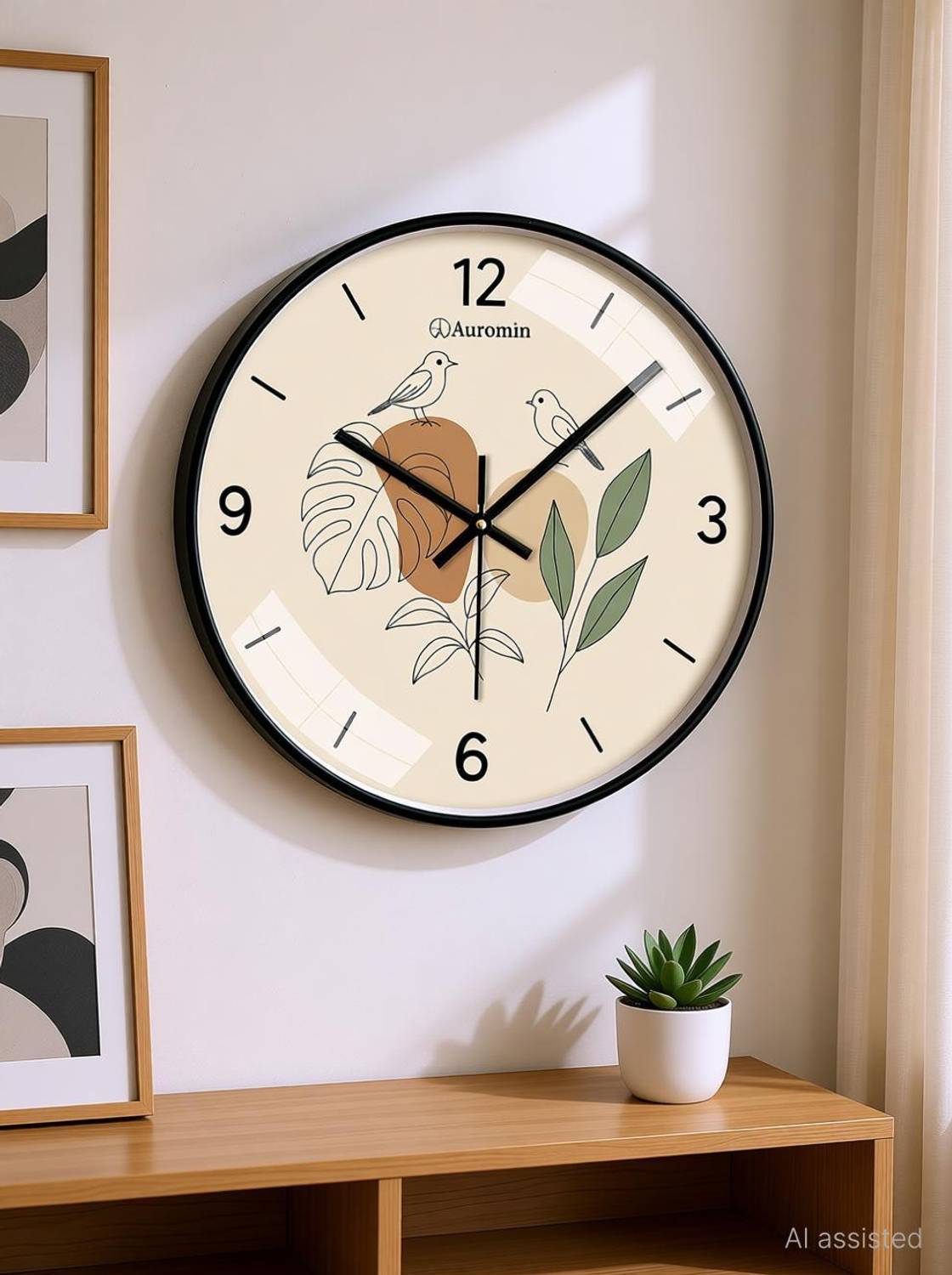 Auromin Analog 30 cm X 30 cm Wall Clock (Beige, With Glass, Stand
