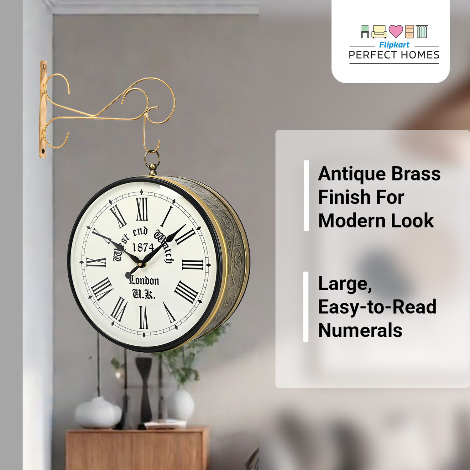 Image of Flipkart Perfect Homes Analog 25.4 cm X 25.4 cm Wall Clock (Gold, With Glass, Station Clock)