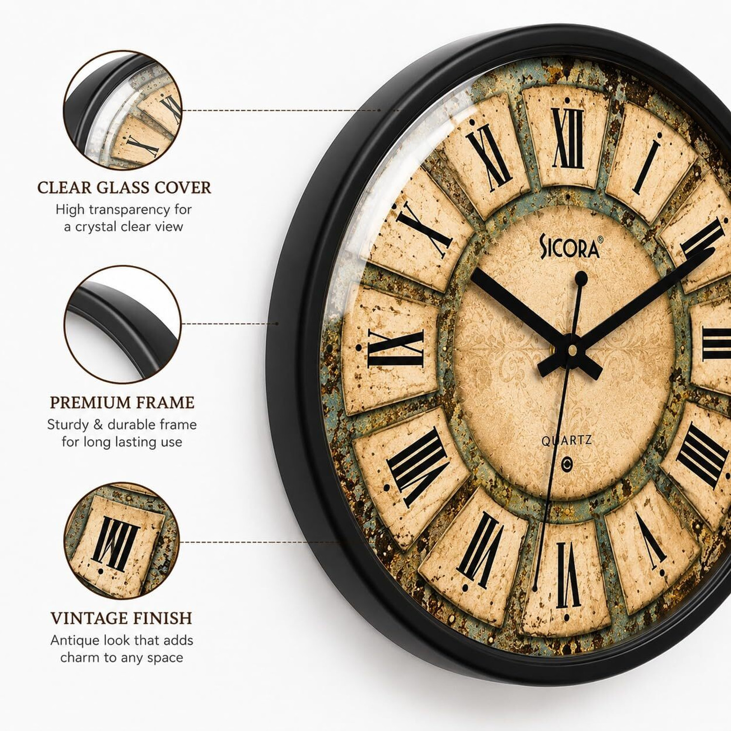 Image of SICORA Analog 30 cm X 30 cm Wall Clock (Black, With Glass, Standard)