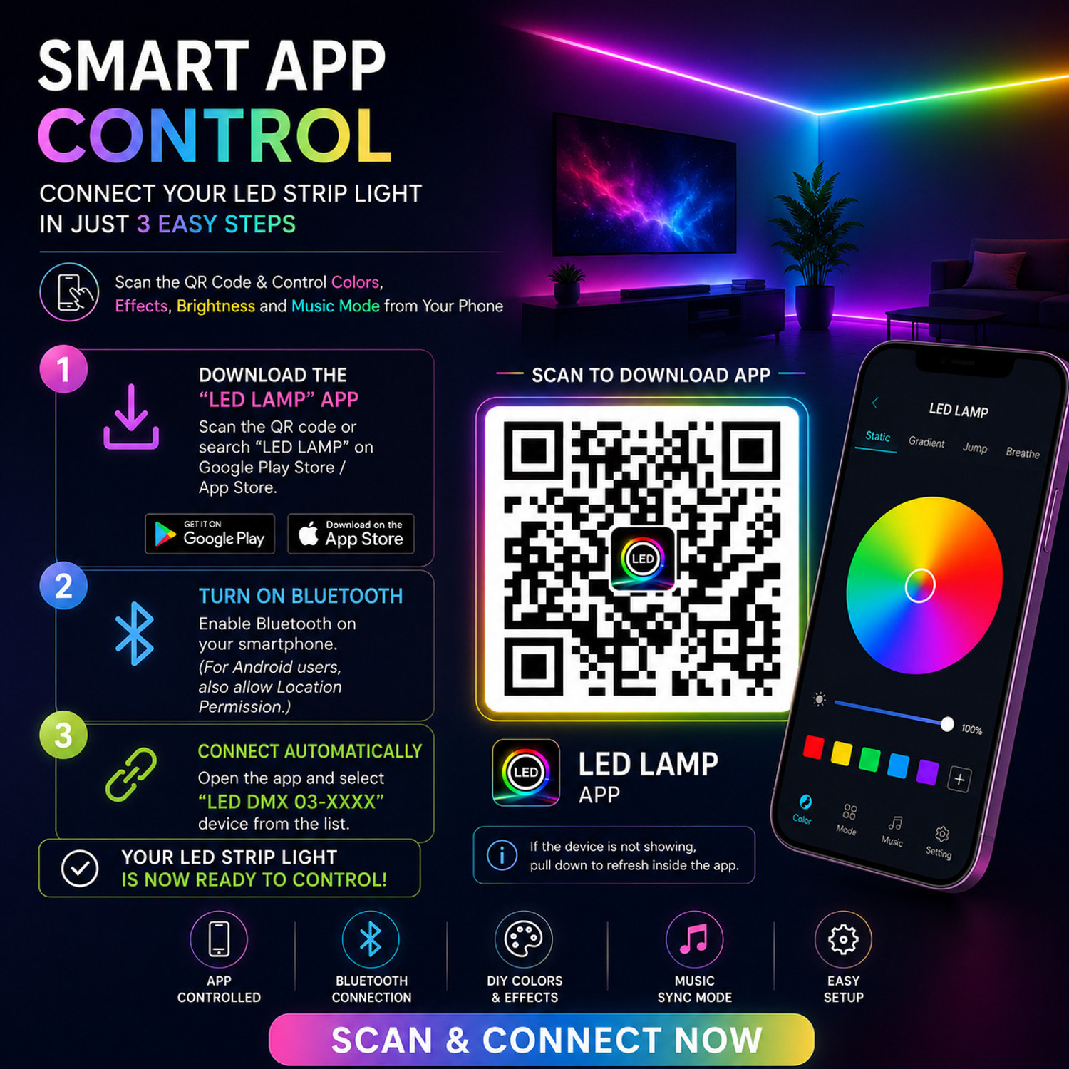 Image of FORUS 5 Meter Smart RGB Neon LED Strip Light, App & Remote, Music Sync, IC Colors