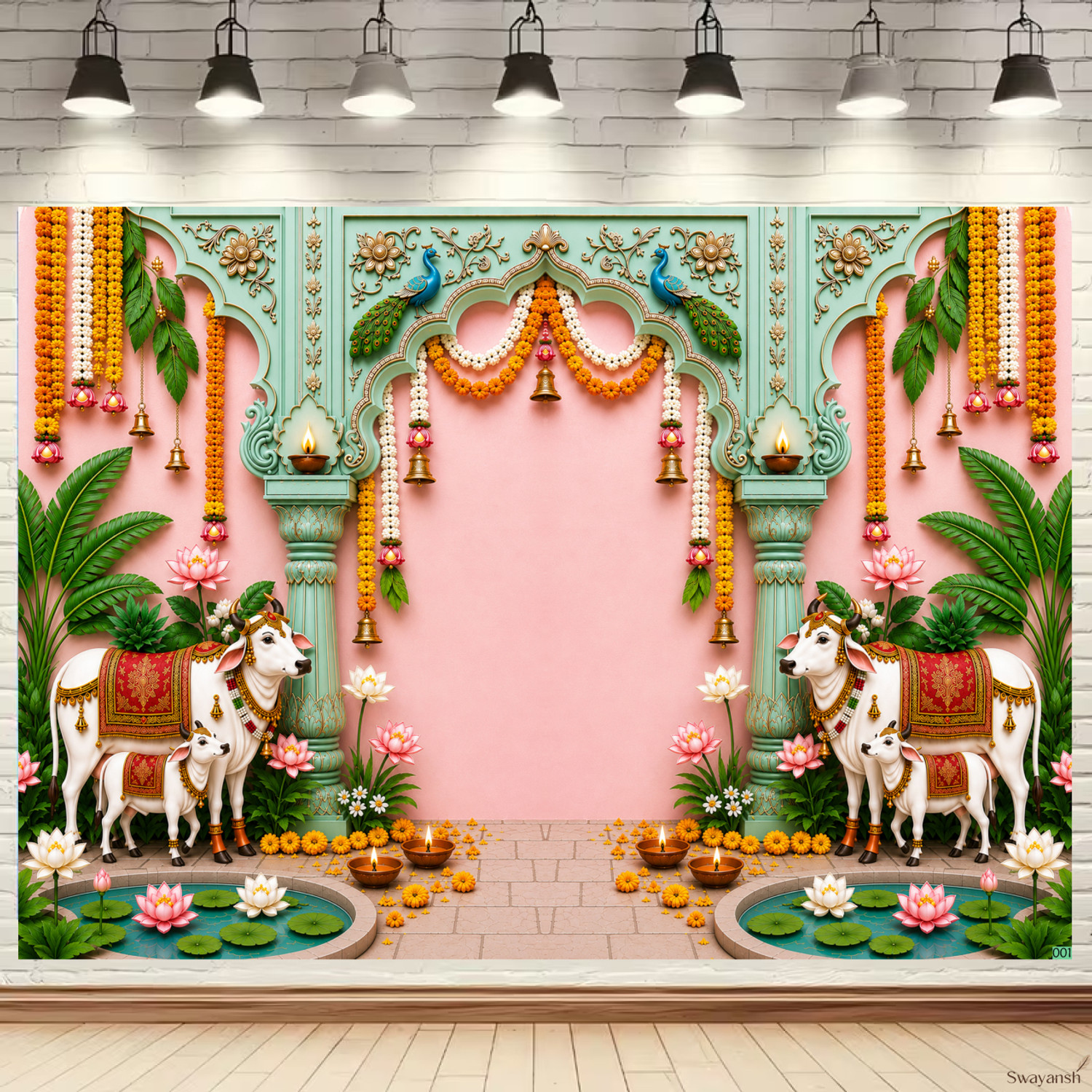 Image of Swayansh Cow and Lotus Temple Arch Backdrop Cloth for Photography, Puja Decoration, Katha