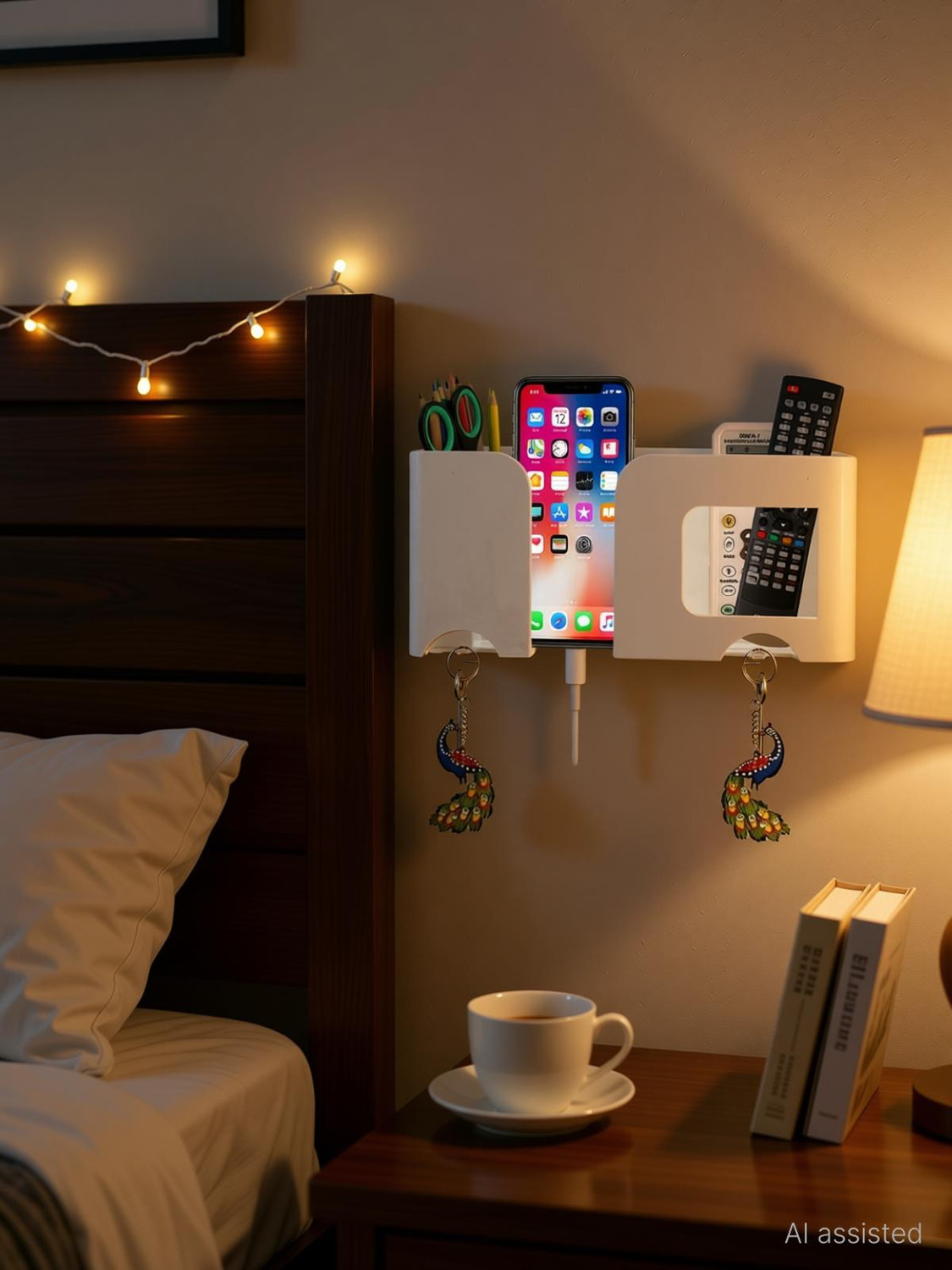 Image of Brazilian Wall Mount Mobile Stand Remote Stand with Extra Space for 2 Mobiles - White