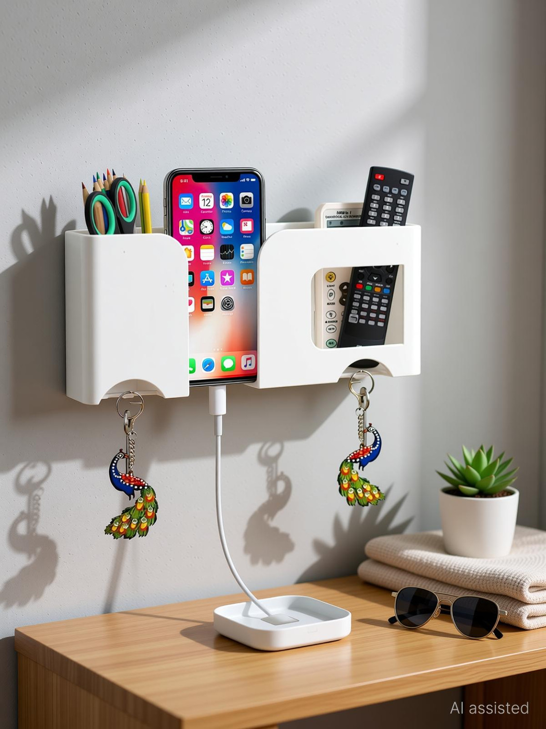 Image of Brazilian Wall Mount Mobile Stand Remote Stand with Extra Space for 2 Mobiles - White
