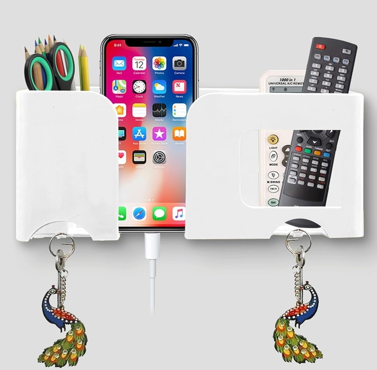 Image of Brazilian Wall Mount Mobile Stand Remote Stand with Extra Space for 2 Mobiles - White