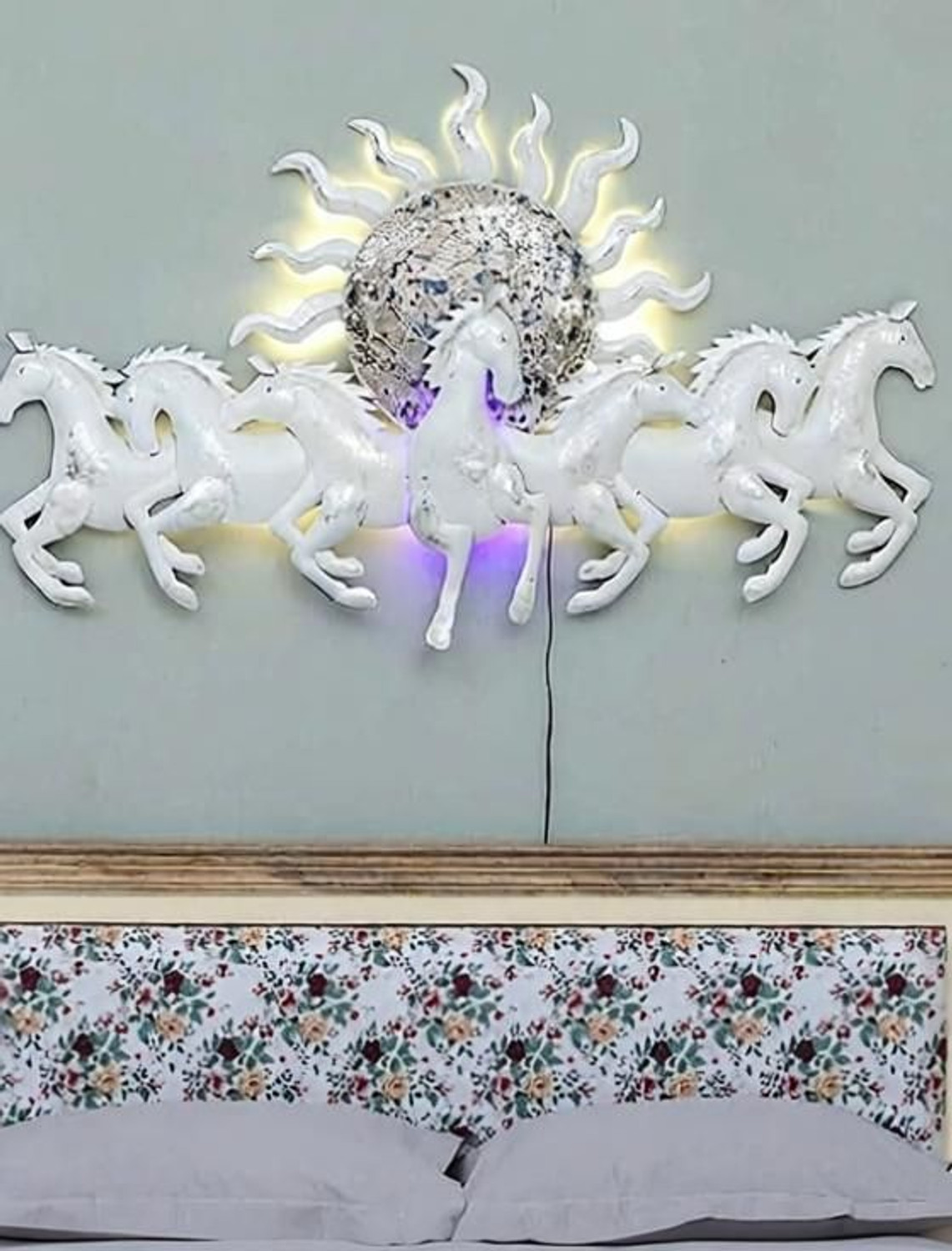 Image of Vfrills Metal White Seven Horses Running with Sunrise and LED Light (Size 48*28 inches)