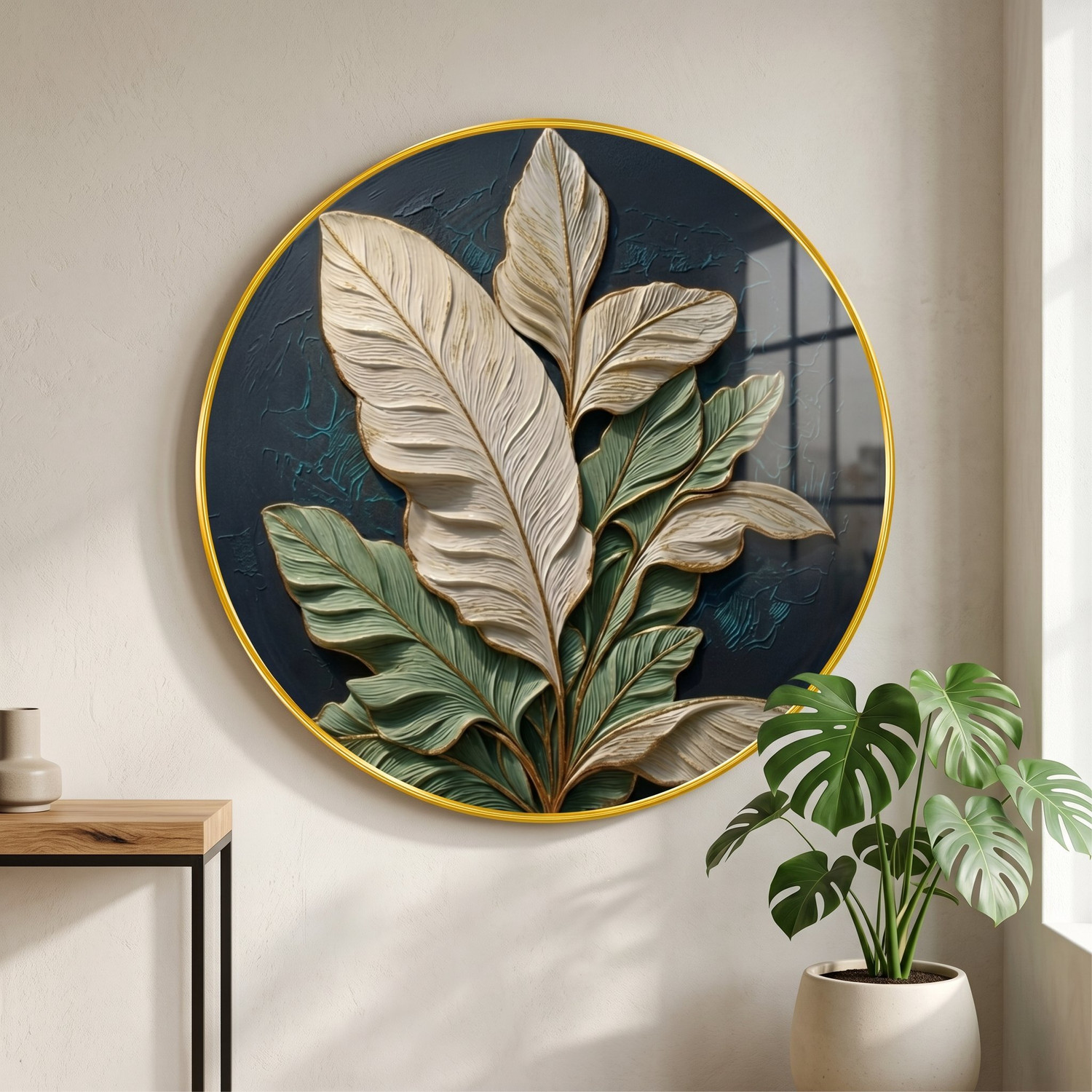 Image of saf 3D Leaf Textured Round Wall Painting with Golden PVC Frame Decor