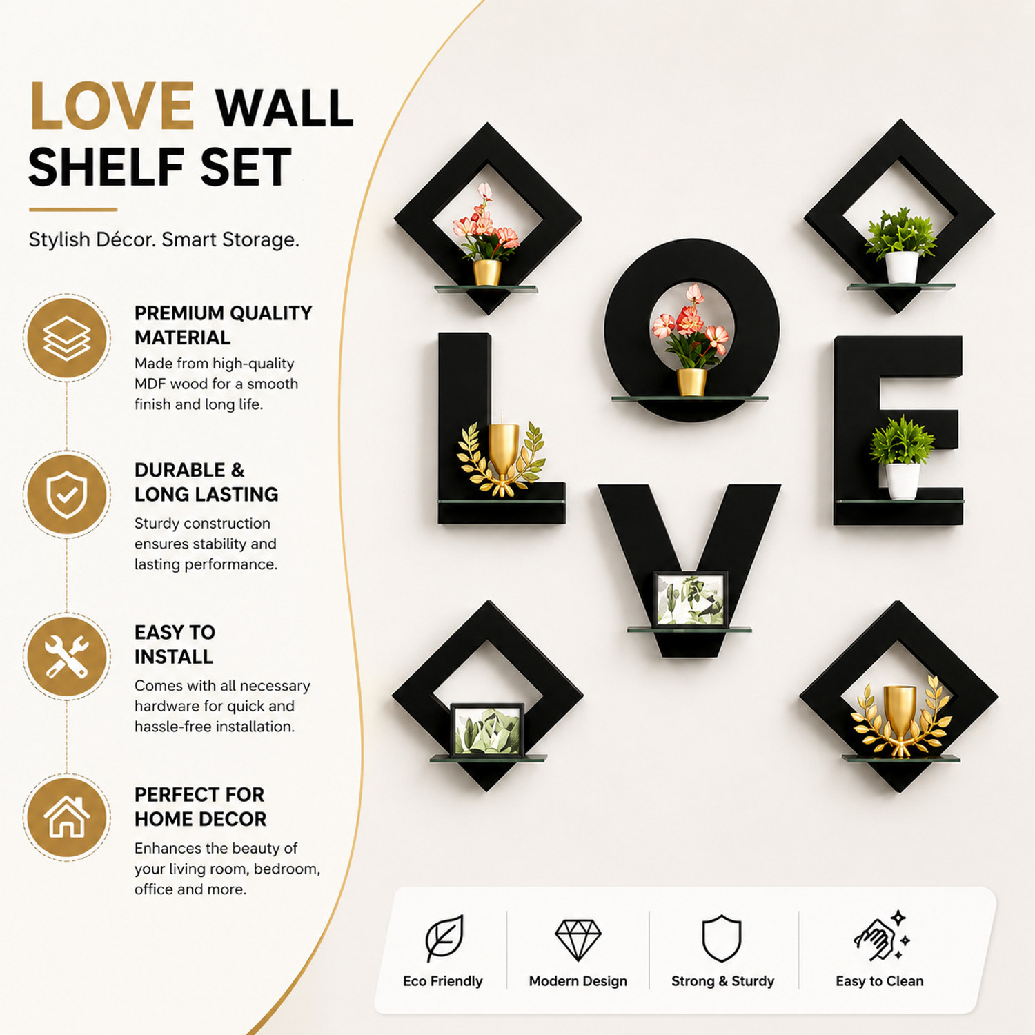 Image of GORICREATIONS LOVE Wall Shelf Set - Modern Decorative Floating Shelves for Living Room TV Wall Pack of 2