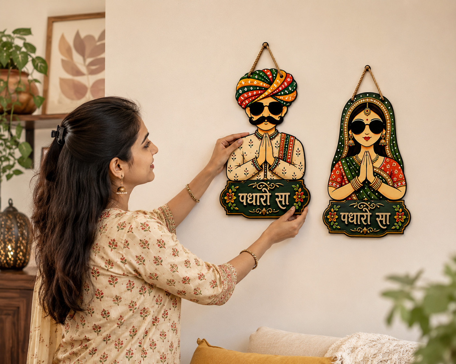 Image of TRANDORA Padharo Sa Welcome Sign Wooden Wall Hanging | Rajasthani Couple Decor Set Pack of 2