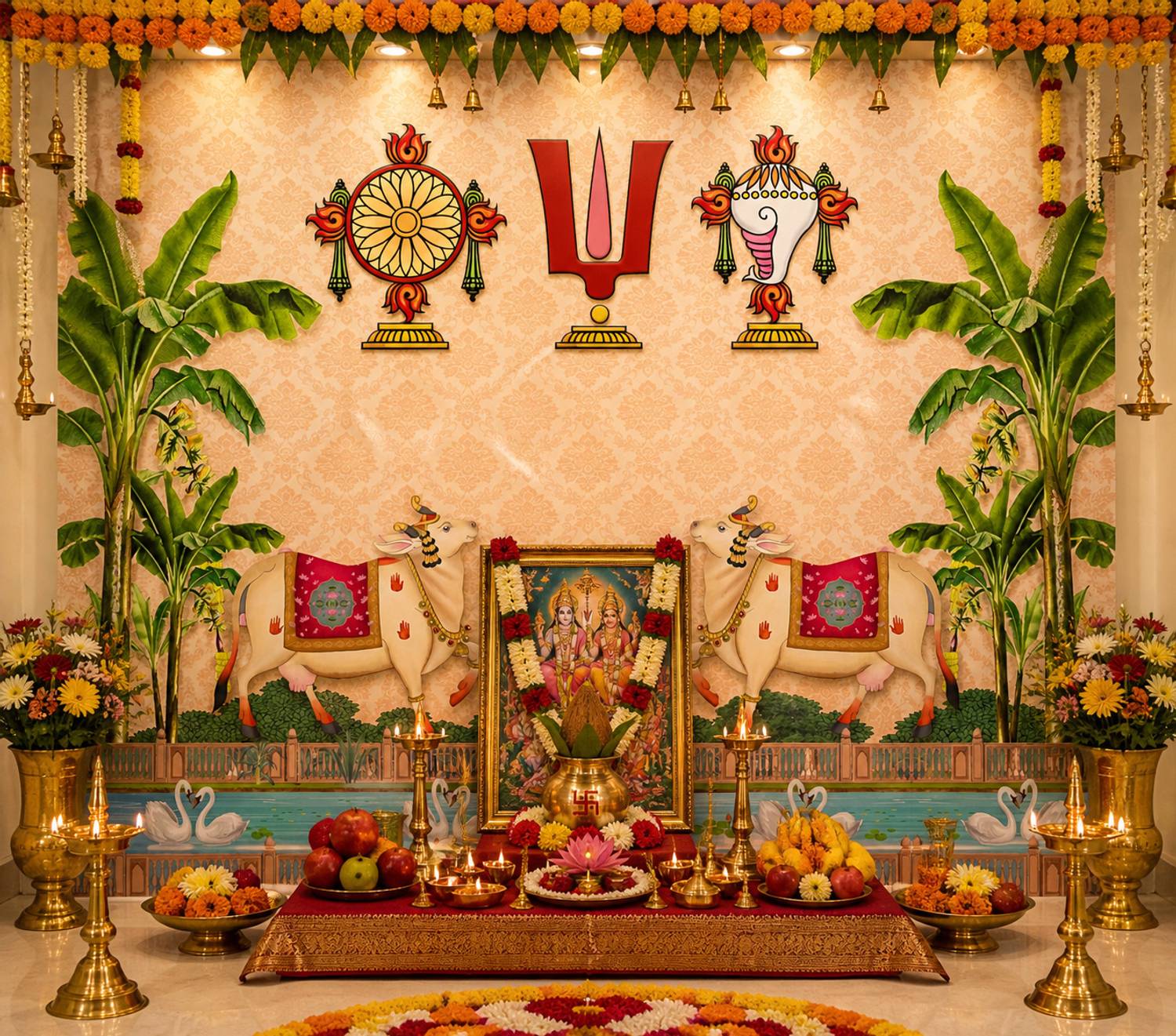 Tilak Shankham ChakraBackdrop HD Printed Pooja Backdrop Cloth 8Ft x 8Ft - Image 2