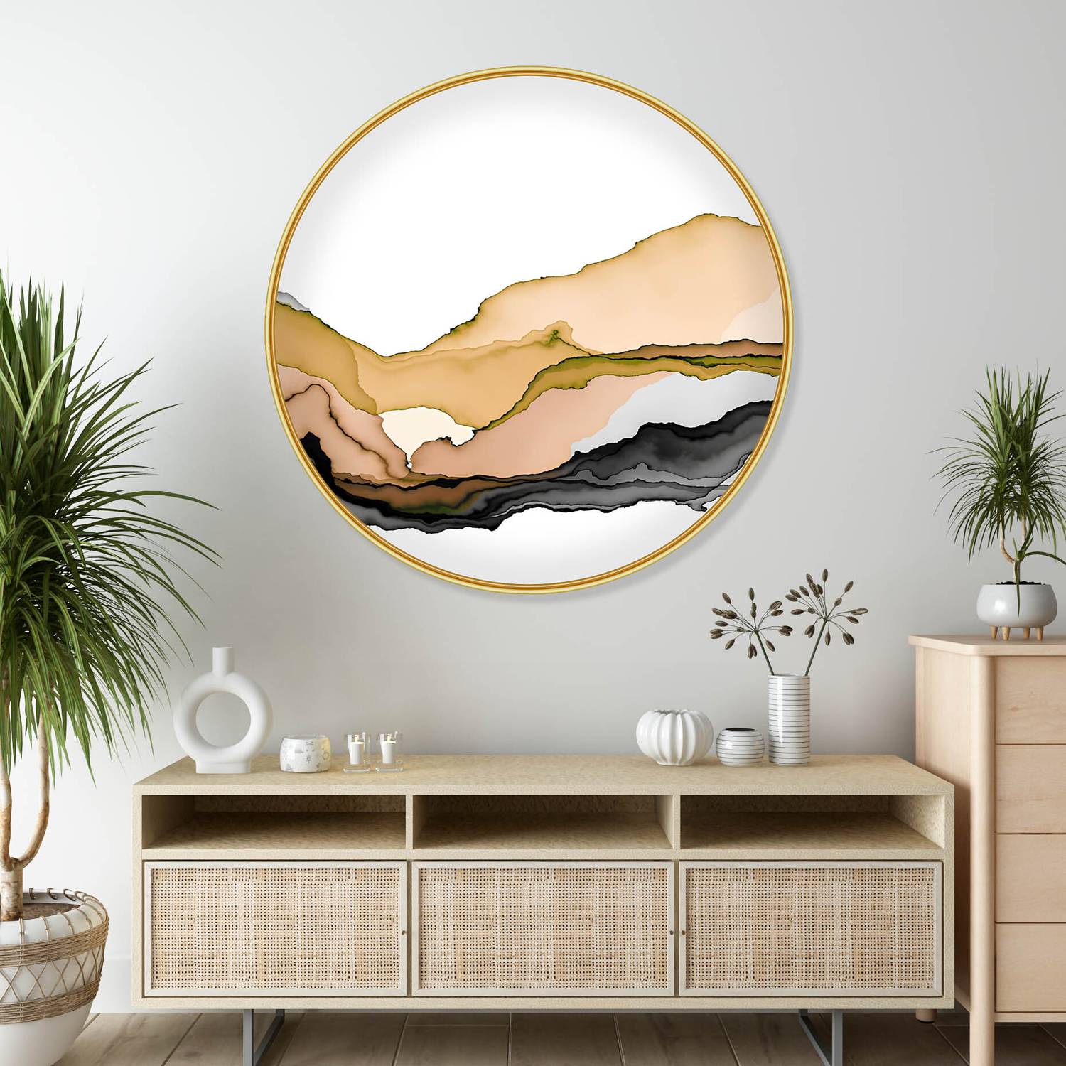 Aartify Brown, Beige & Black Abstract Wall Art | Modern Round Wall Art with Golden Frame Digital Reprint 20 inch x 20 inch Painting