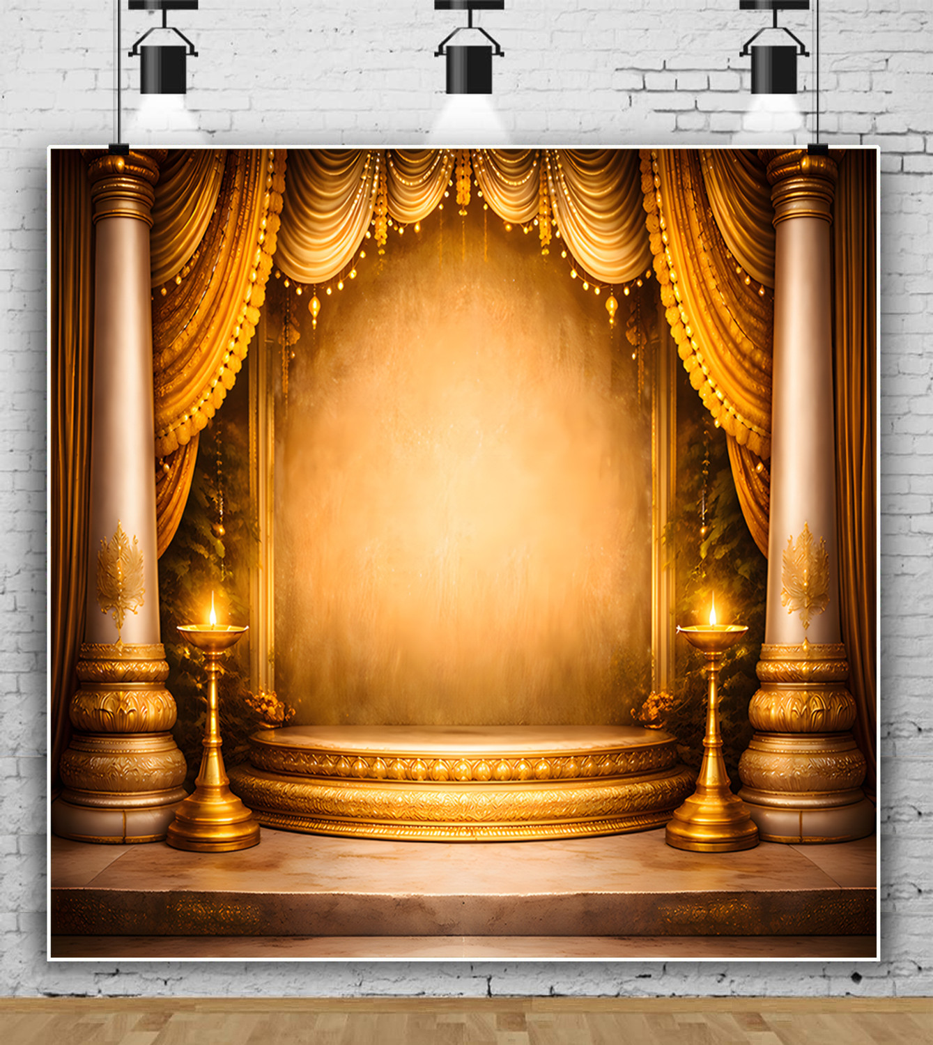 Image of coolistic ecorative fabric backdrop featuring an Indian temple entrance with lotus