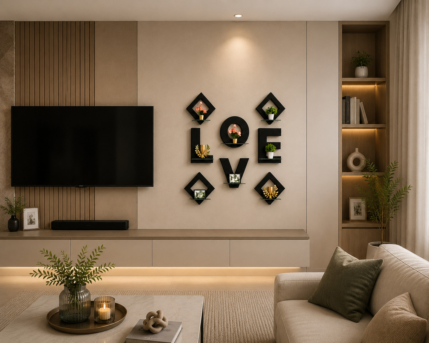 Image of GORICREATIONS LOVE Wall Shelf Set - Modern Decorative Floating Shelves for Living Room TV Wall Pack of 2