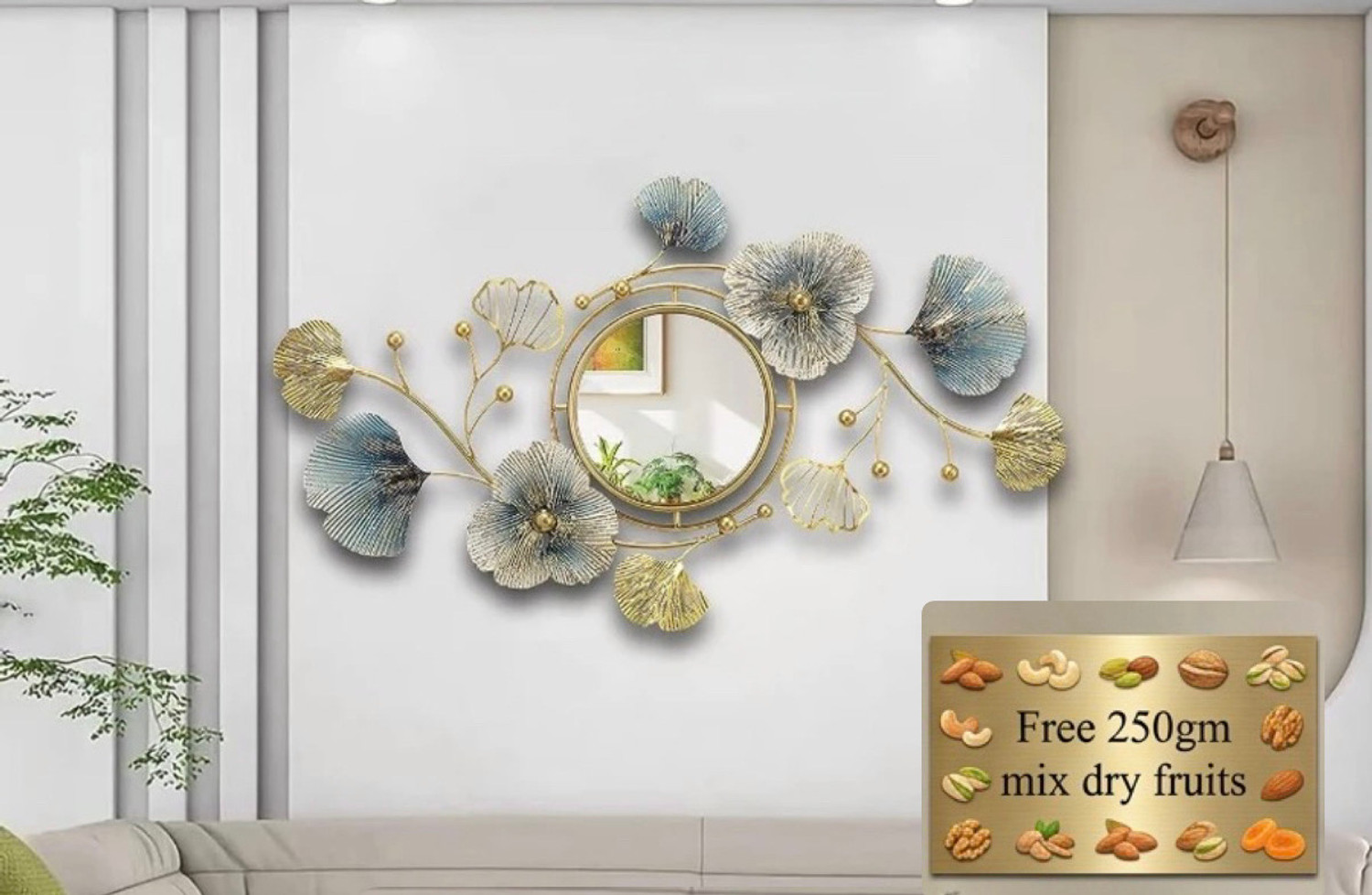 Image of Royal Heritage crafts Metal Wall Hanging Blue and Golden Mirror Wall Art for Home Decor