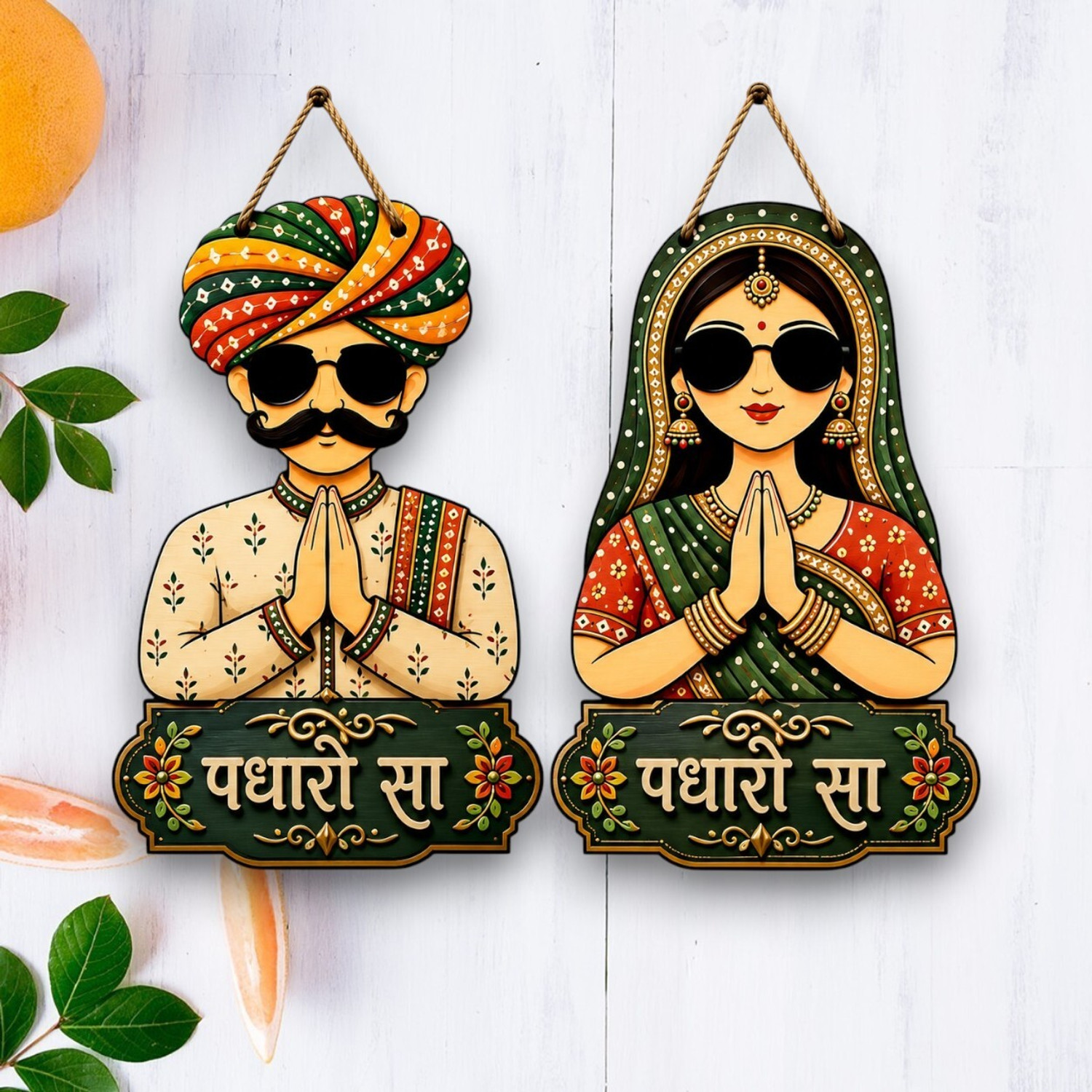 Image of TRANDORA Padharo Sa Welcome Sign Wooden Wall Hanging | Rajasthani Couple Decor Set Pack of 2