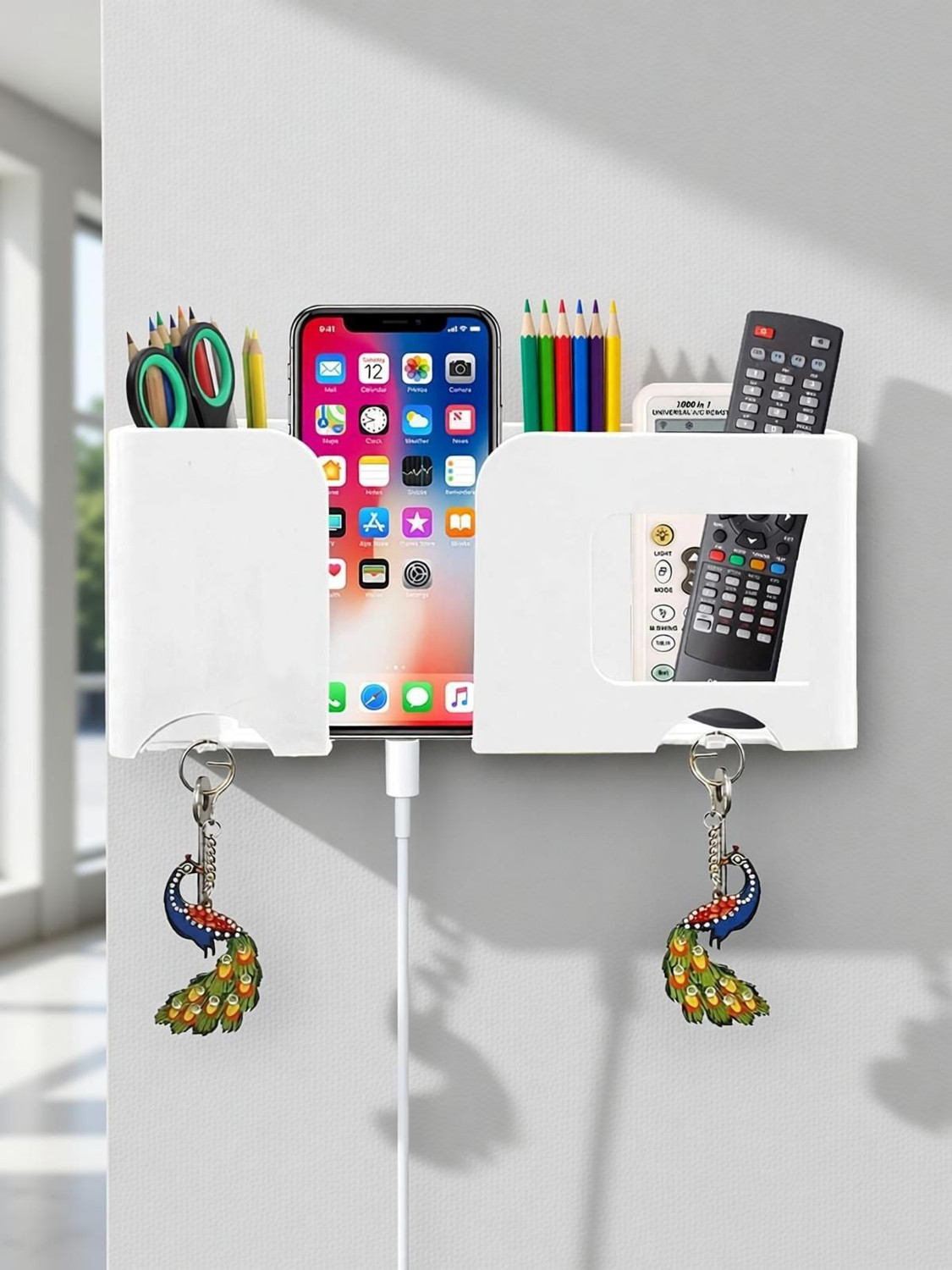 Image of Brazilian Wall Mount Mobile Stand Remote Stand with Extra Space for 2 Mobiles - White