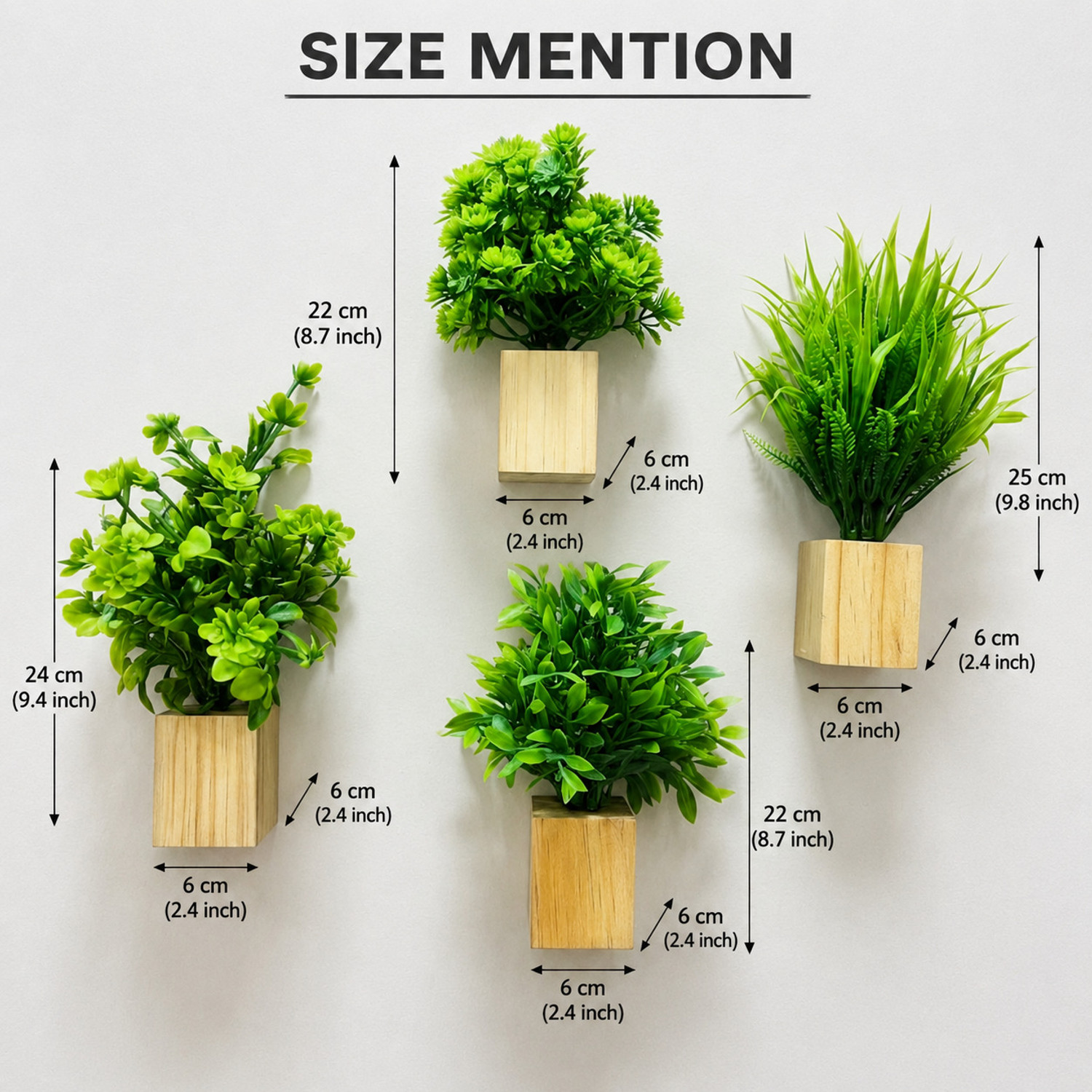 Image of PithavaStore Artificial Wall Mounted Plants Set of 4 with Wooden Pots | Home Decor Items Pack of 4