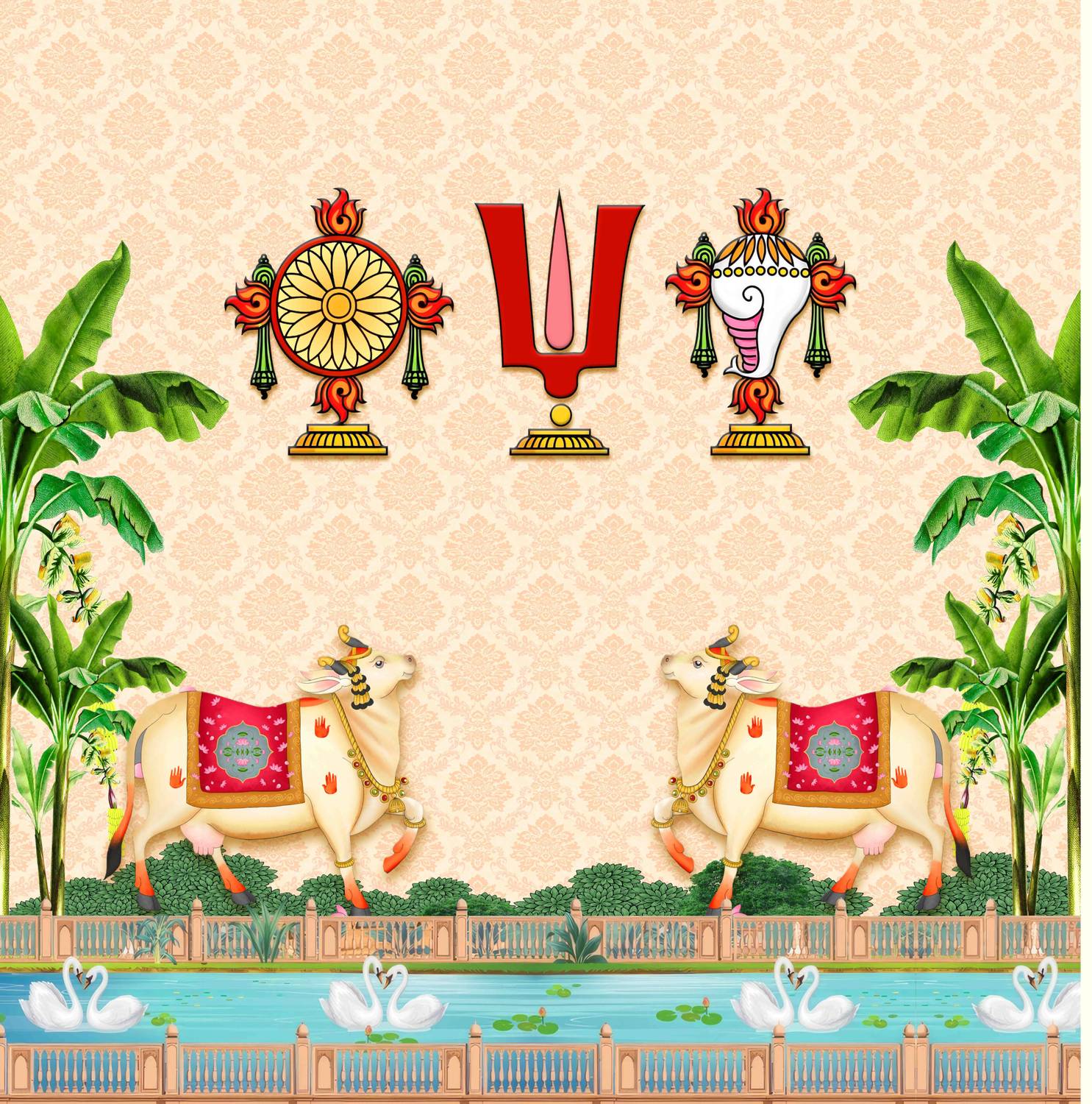 Tilak Shankham ChakraBackdrop HD Printed Pooja Backdrop Cloth 8Ft x 8Ft - Image 1