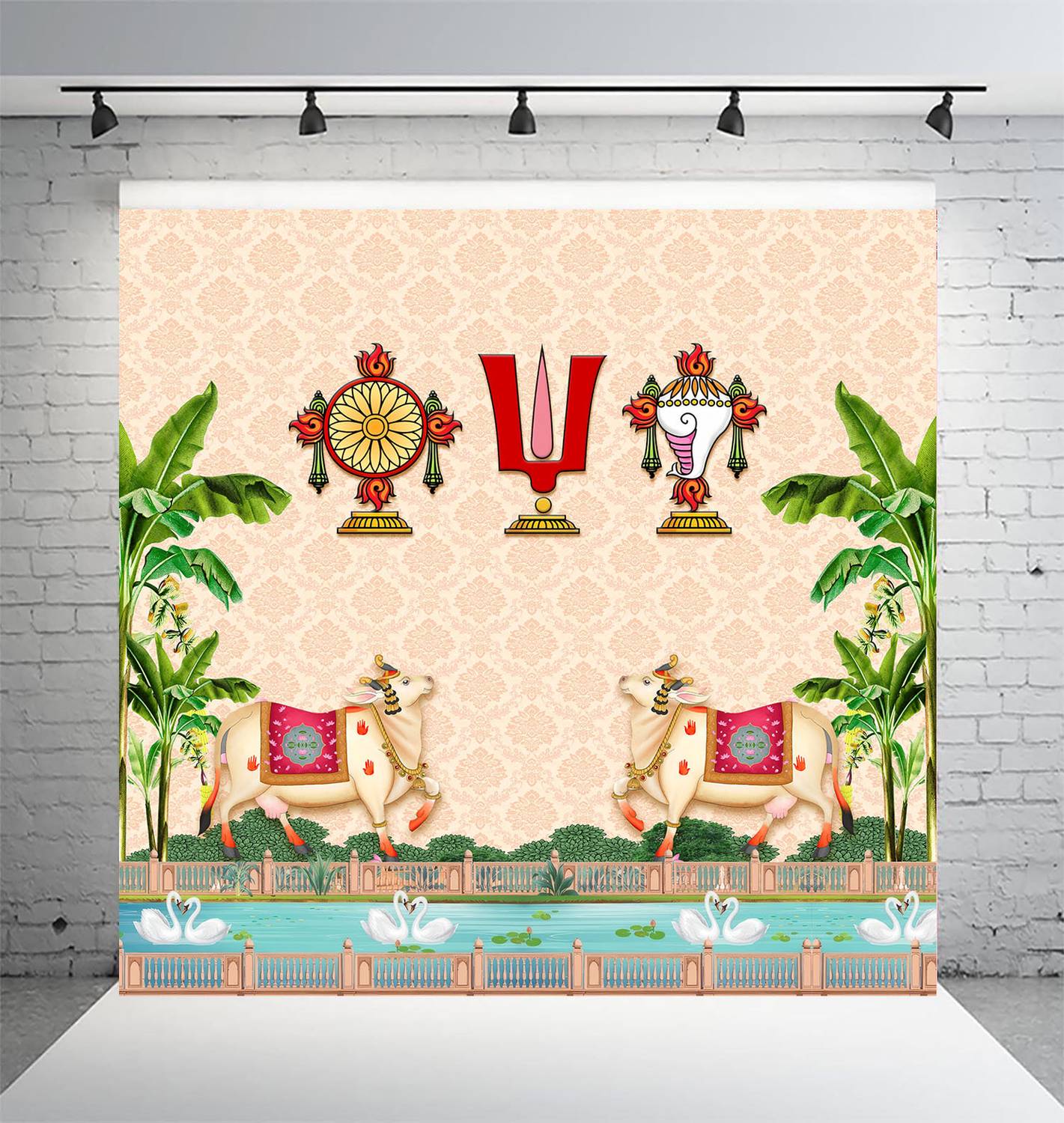 Tilak Shankham ChakraBackdrop HD Printed Pooja Backdrop Cloth 8Ft x 8Ft - Image 4