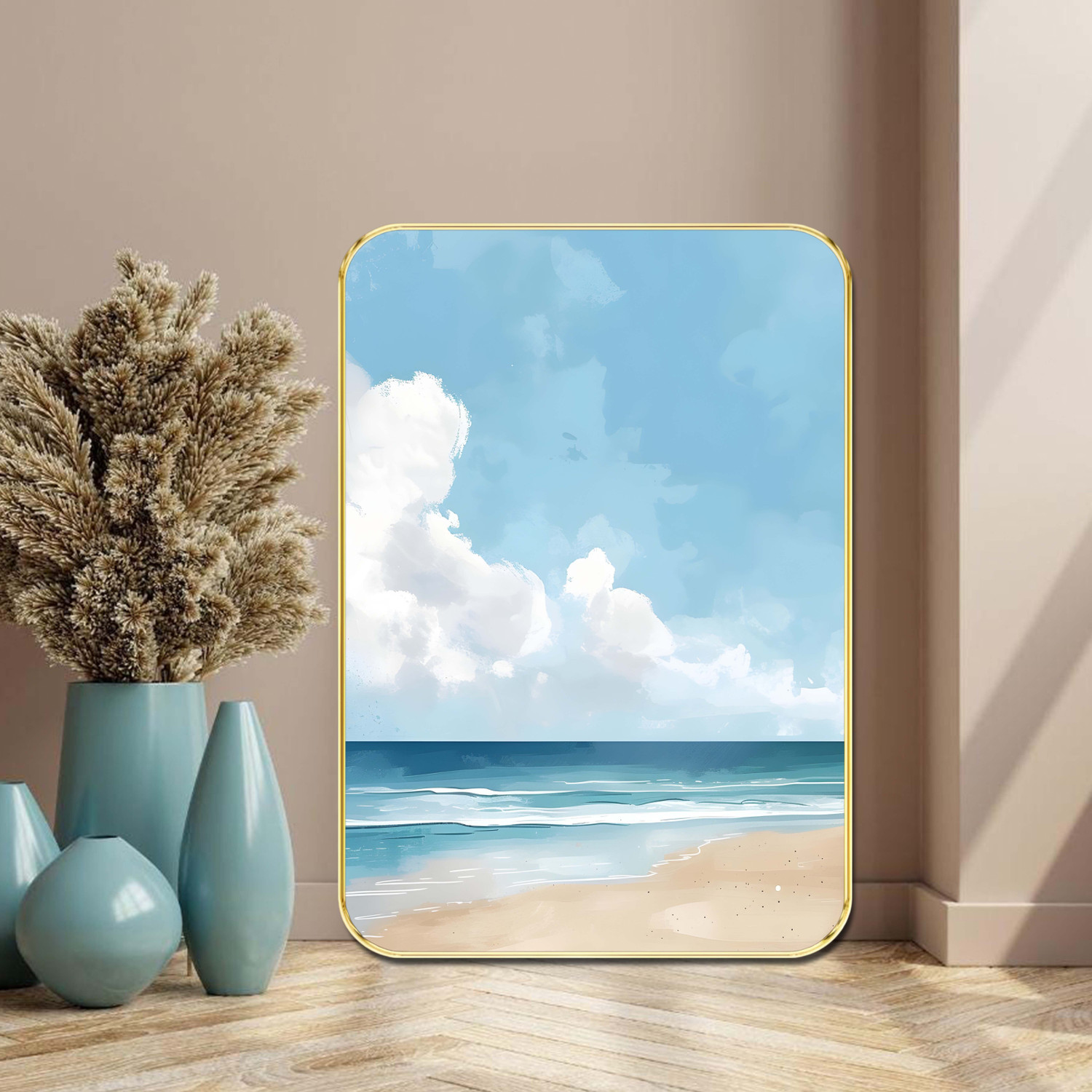 Image of Aartify Coastal Beach View Framed Wall Decor | Golden Frame | Soothing Ocean Waves Digital Reprint 24 inch x 18 inch Painting