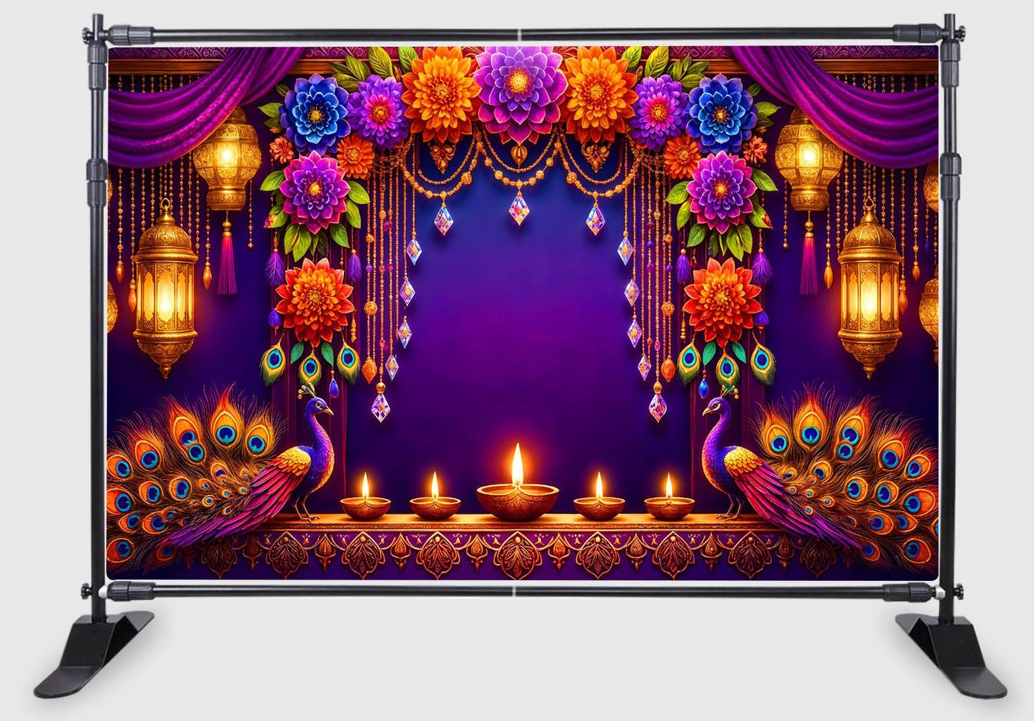 Backdropon Traditional Pooja Design Printed Fabric Backdrop (5Feet Height & 8Feet width)