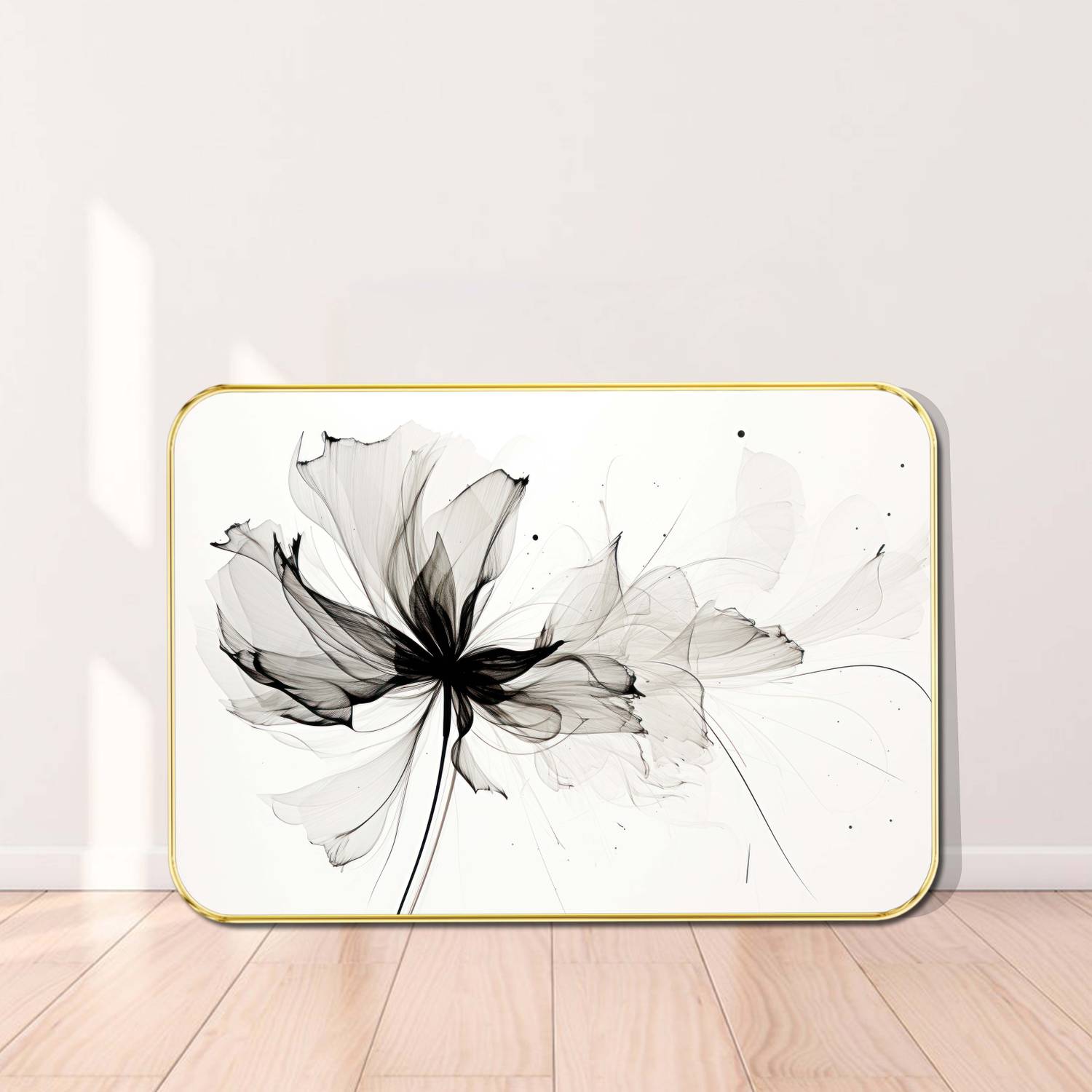Aartify Ethereal Smoke Flower Wall Decor – Minimalist Black Ink Petal Design Digital Reprint 19.5 inch x 13.5 inch Painting