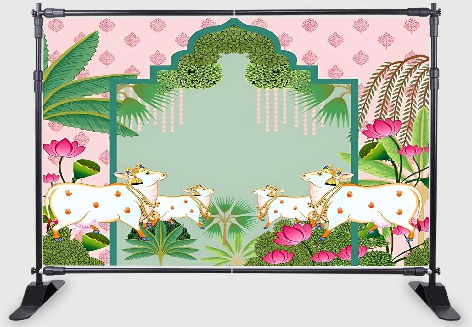 Backdropon Holy Cow Kamdhenu Design Printed Fabric Backdrop(5Ft Height & 8Ft width)