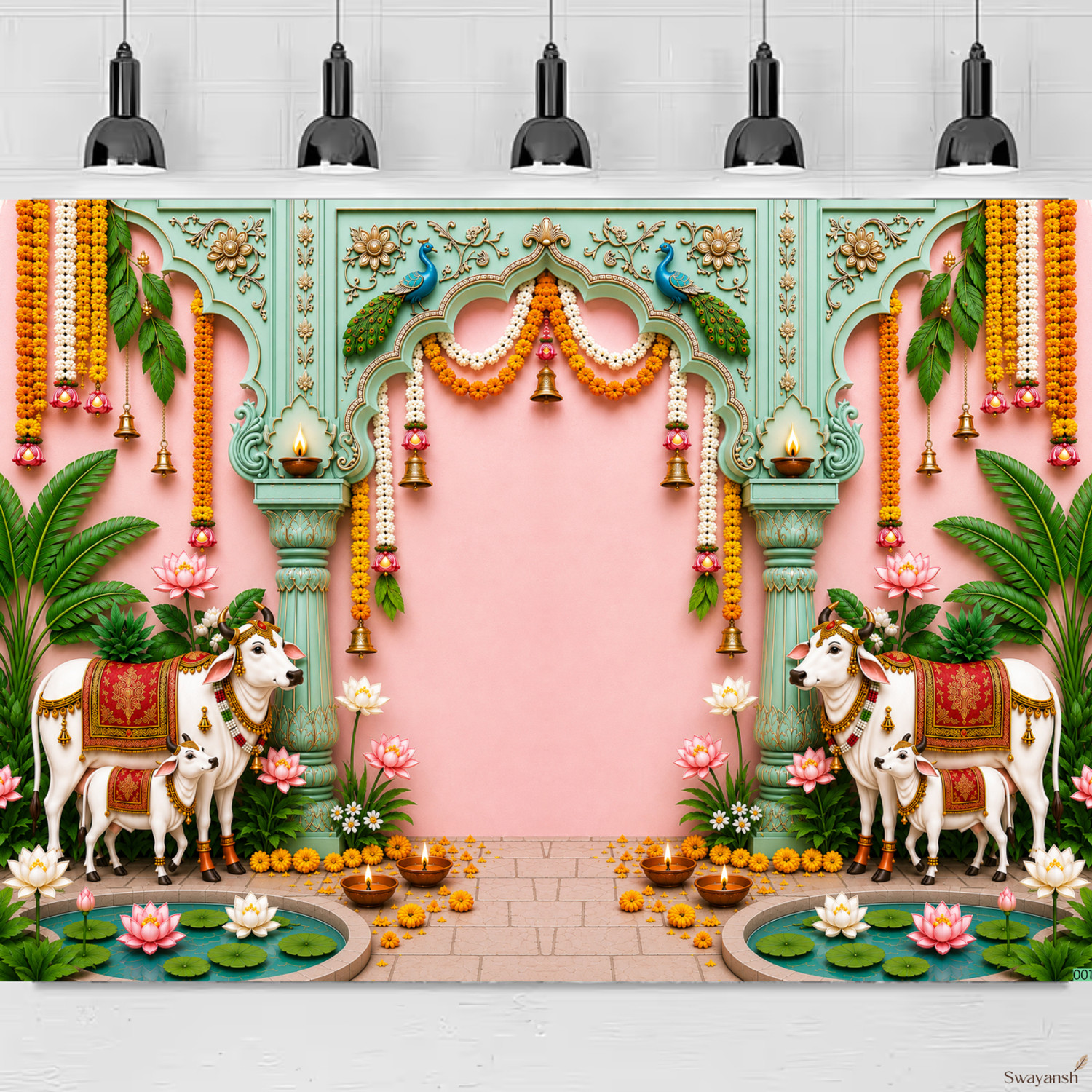 Image of Swayansh Cow and Lotus Temple Arch Backdrop Cloth for Photography, Puja Decoration, Katha