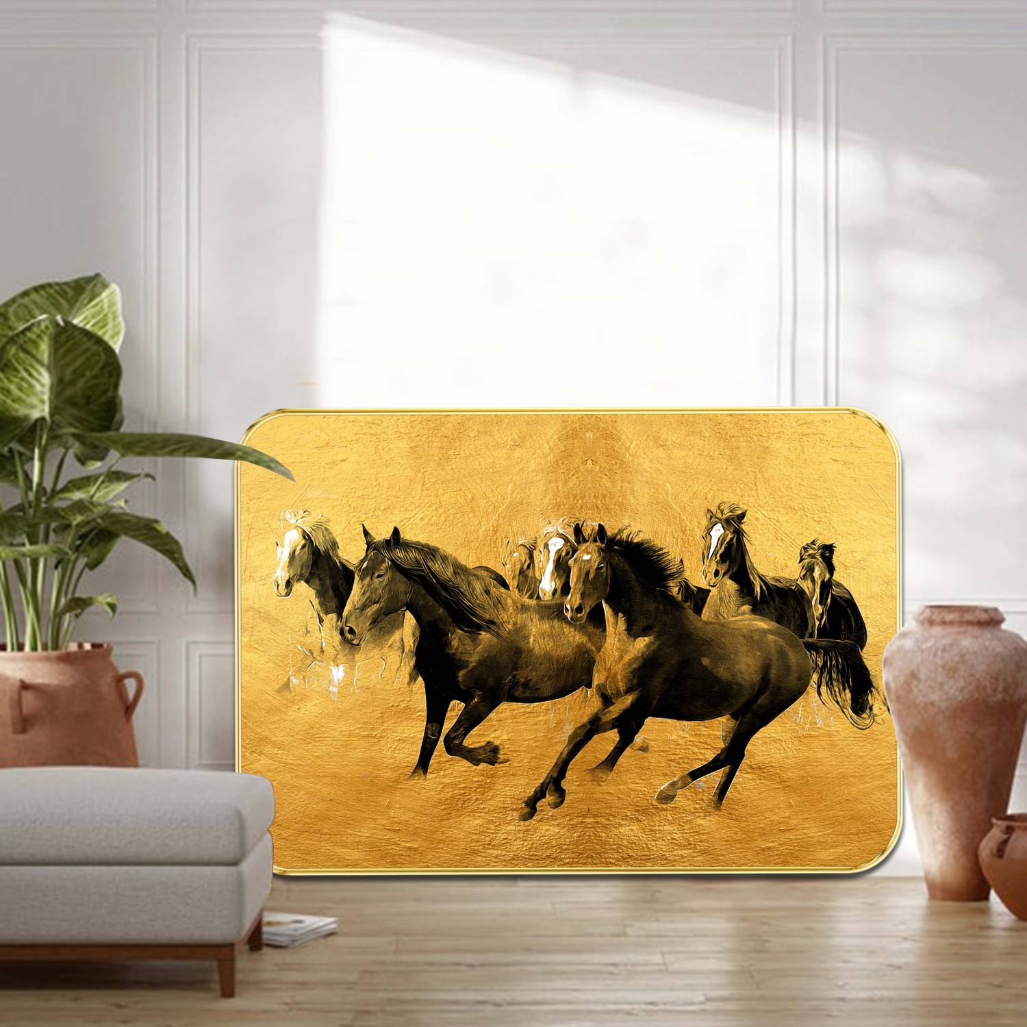 Aartify 7 Running Horses Golden Wall Decor Frame | Vastu-Inspired Art Digital Reprint 19.5 inch x 13.5 inch Painting