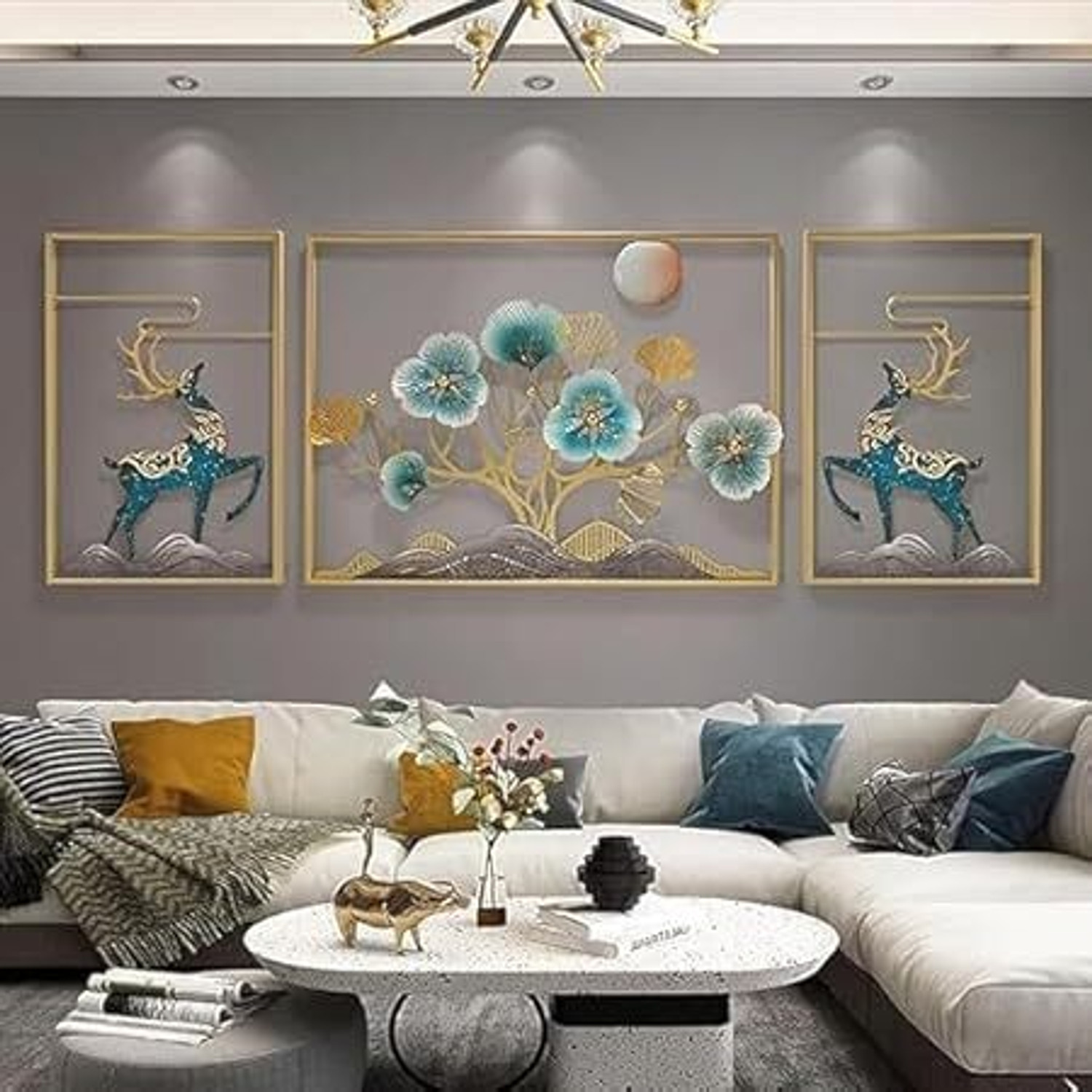 Image of TAHandicrafts 3D Ginkgo Leaves and Deer Metal Wall Art Decor, Handmade Wall Hanging Sculpture 3D Painting 50 inch x 20 inch Painting