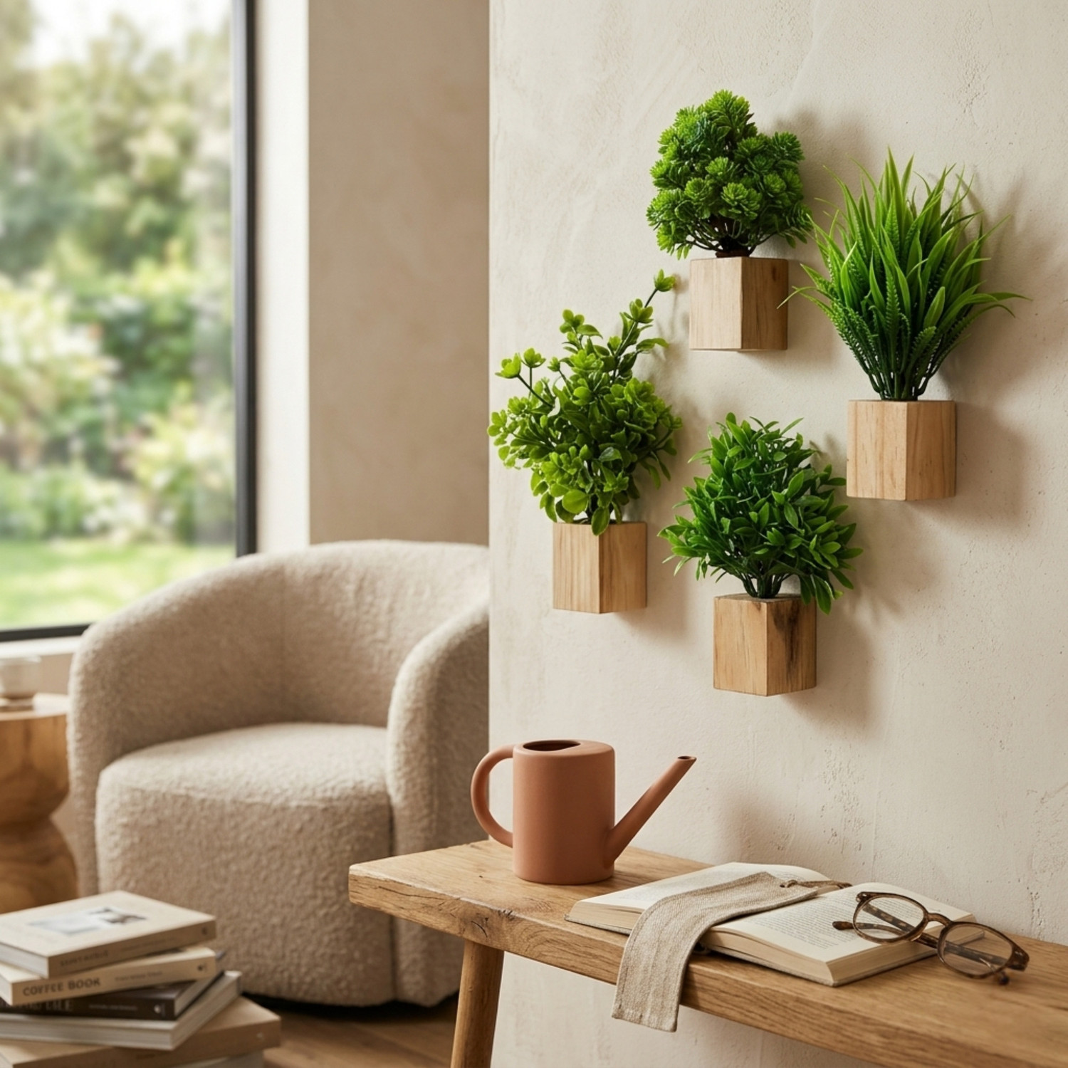 Image of PithavaStore Artificial Wall Mounted Plants Set of 4 with Wooden Pots | Home Decor Items Pack of 4