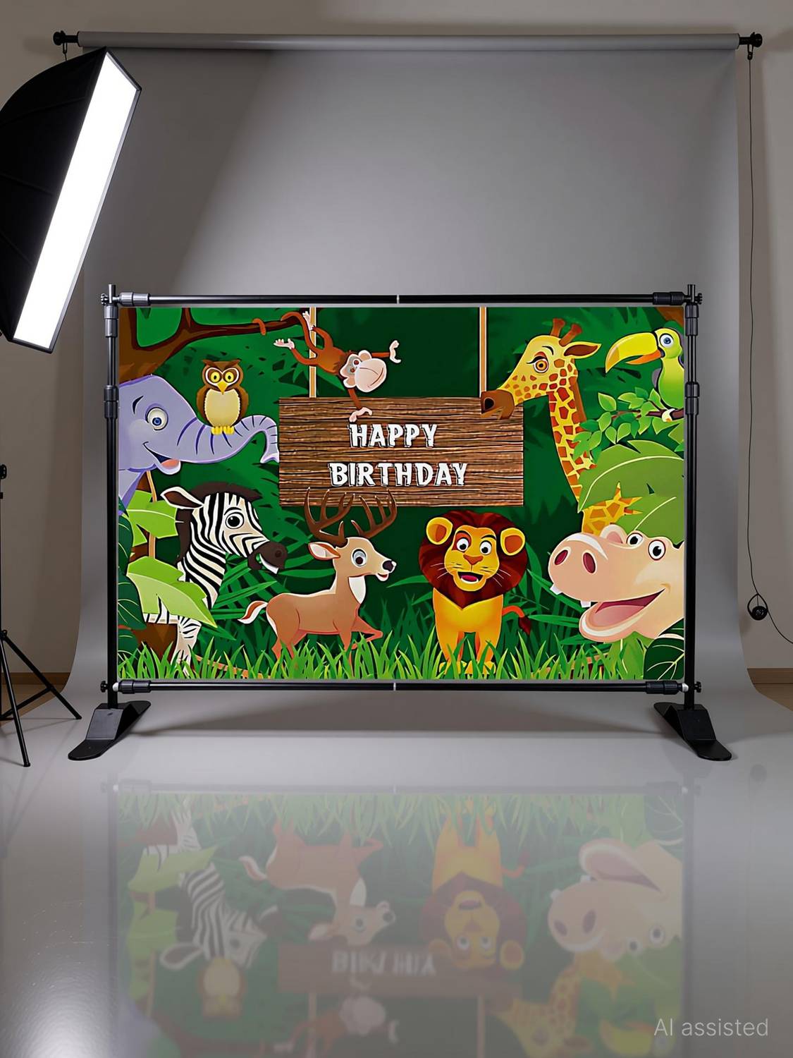 Backdropon Jungle Safari Happy Birthday Design Printed Backdrop(5Feet Height & 8Feet width)