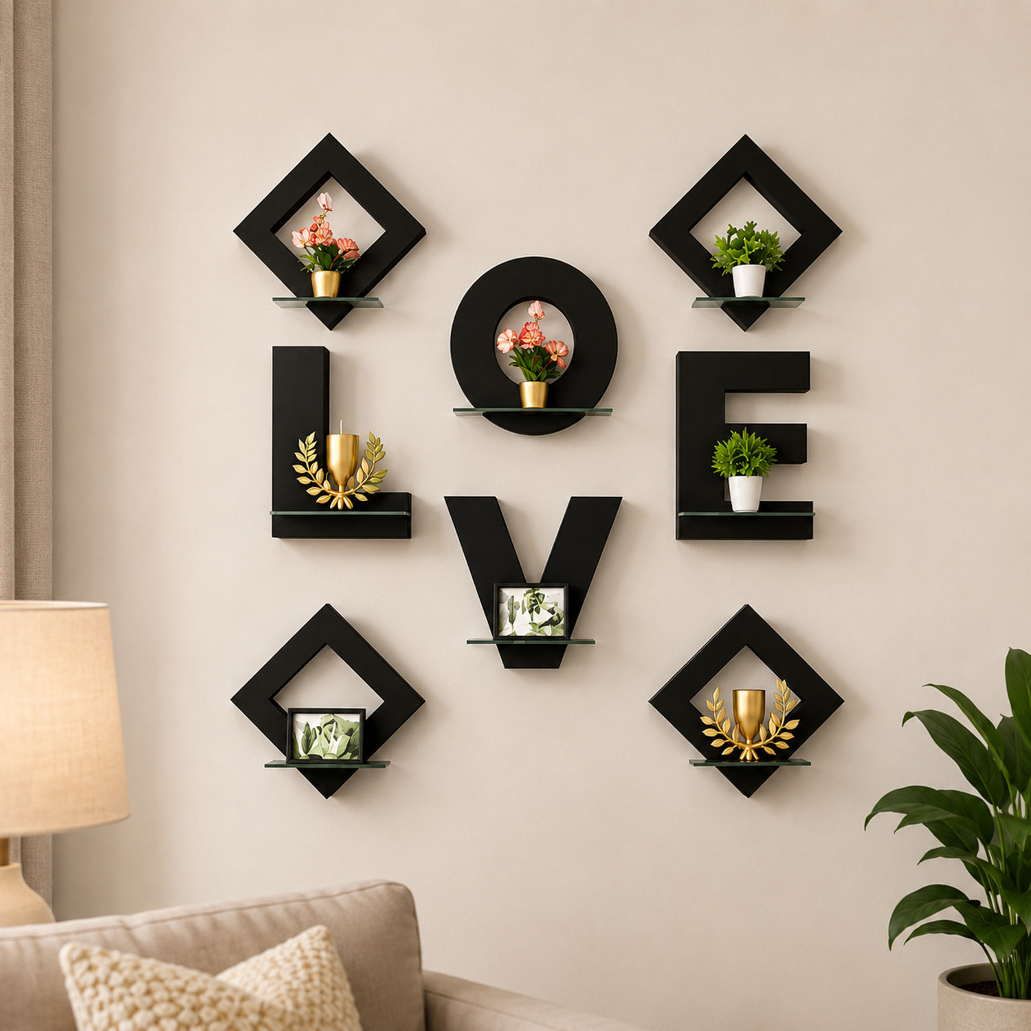 Image of GORICREATIONS LOVE Wall Shelf Set - Modern Decorative Floating Shelves for Living Room TV Wall Pack of 2