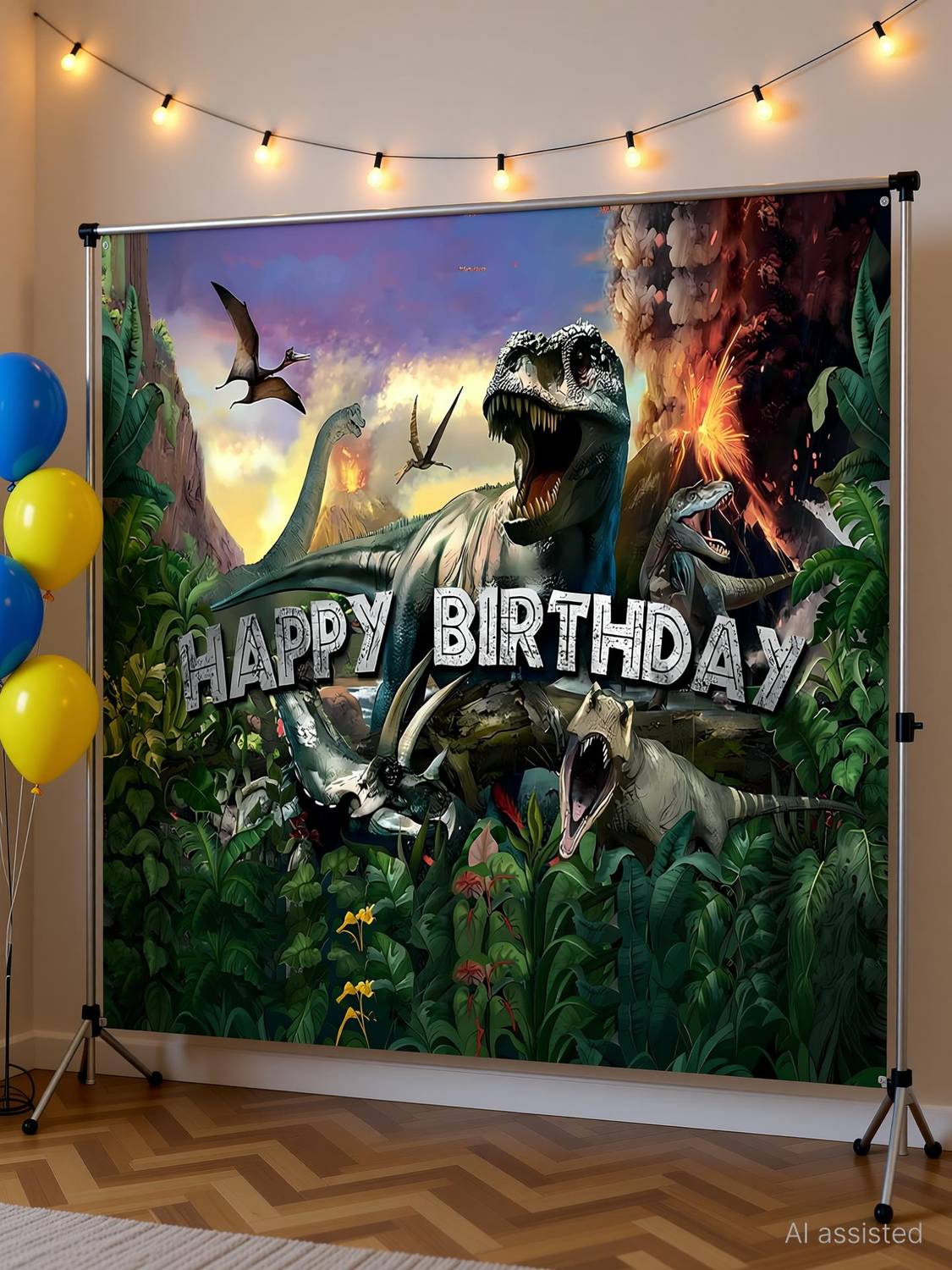 Backdropon Dinosaur Happy Birthday Design Printed Backdrop(5Feet Height & 8Feet width)