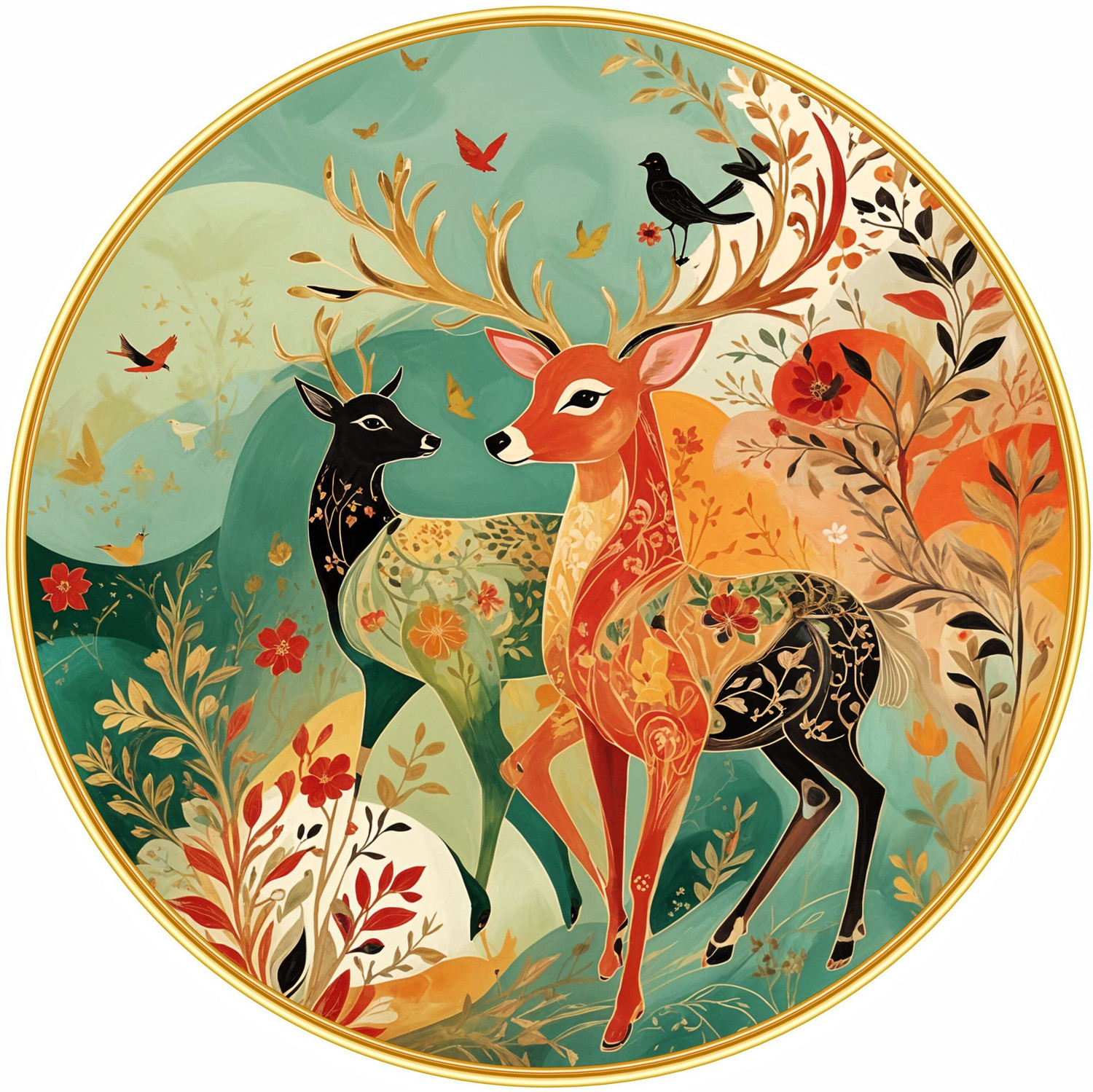 Image of SAF PRINT Deer Nature Round Wall Art | Colorful Folk Style Home Decor Painting