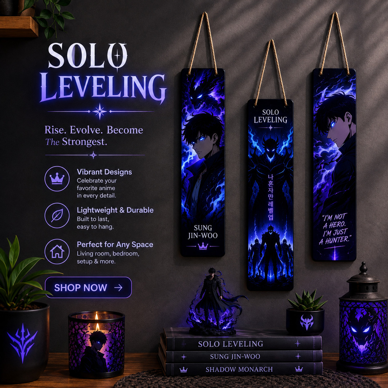 Image of DULZIFY Solo Leveling Anime Wooden Wall Hanging Plaque - Sung Jin-Woo for Room Decor Pack of 3