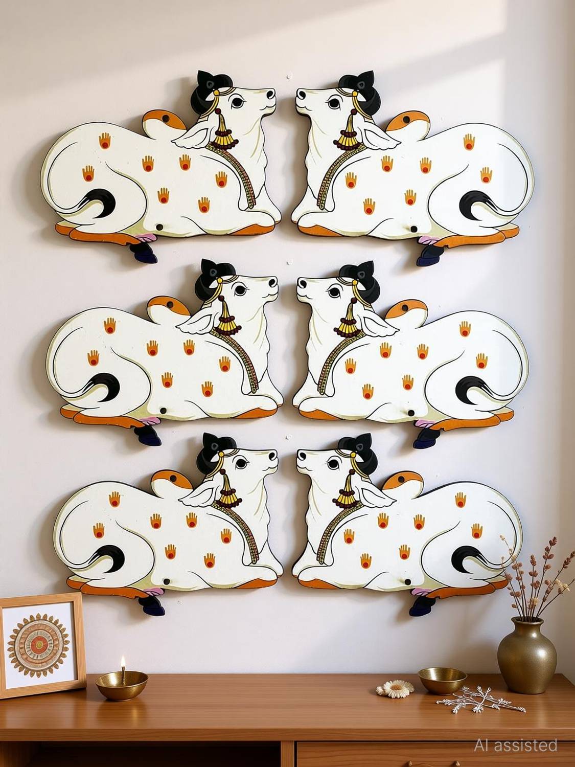 ADIKALA Pichwai Seated Cow Design MDF Cutout For DIY Paint 5 INCH Pack of 6