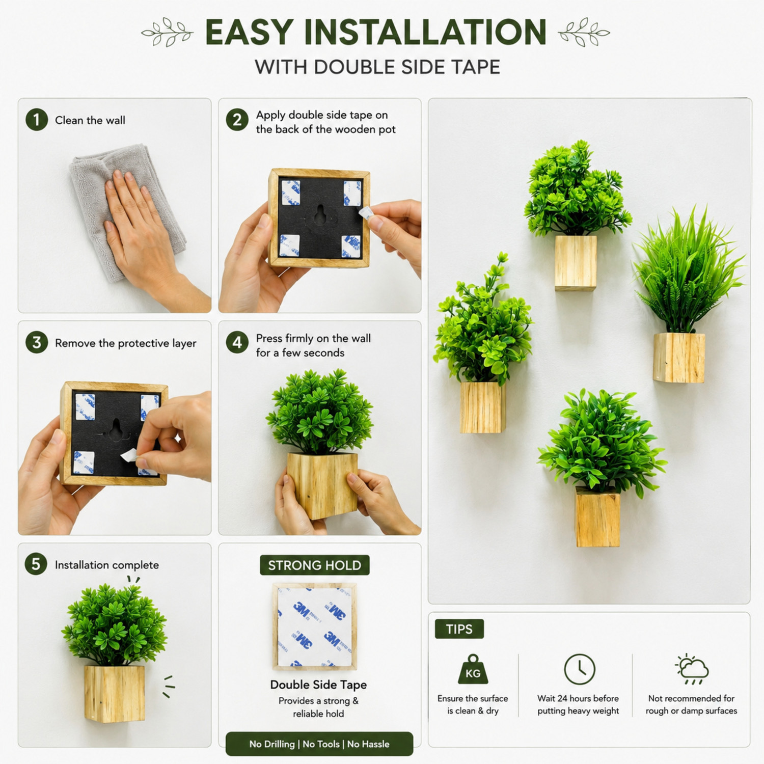 Image of PithavaStore Artificial Wall Mounted Plants Set of 4 with Wooden Pots | Home Decor Items Pack of 4