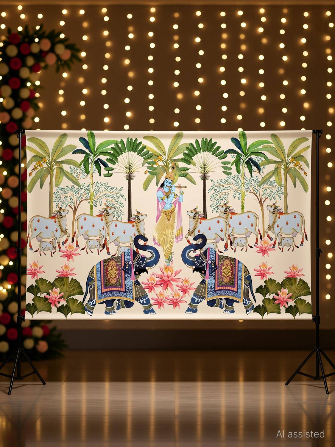 Backdropon Shri Krishna with cows Design Printed Fabric Backdrop (5Ft Height & 8Ft width)