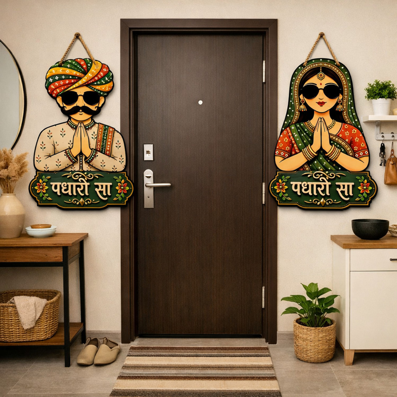 Image of TRANDORA Padharo Sa Welcome Sign Wooden Wall Hanging | Rajasthani Couple Decor Set Pack of 2