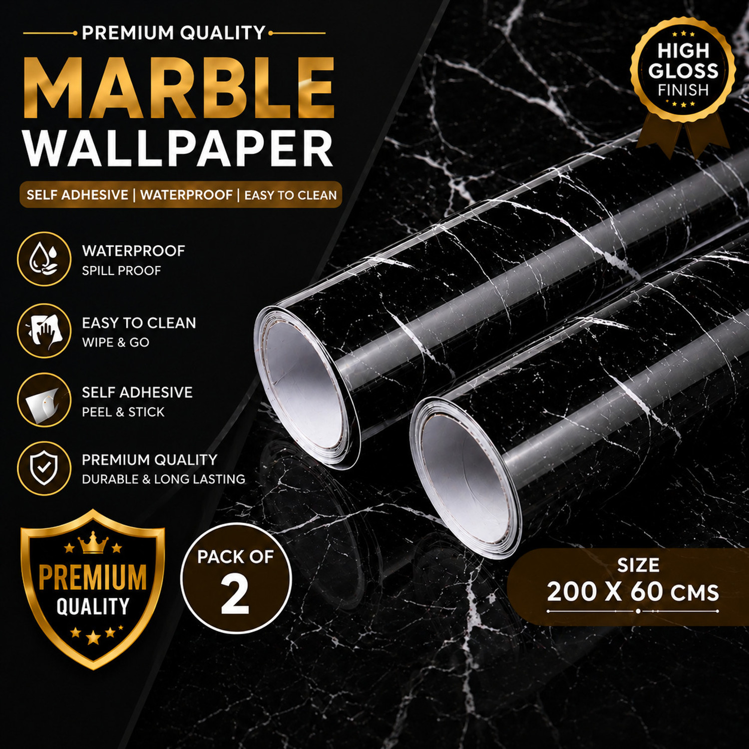 Image of Amar Enterprise Vinyl Black Marble Granite Waterproof Self Adhesive 200 x 60 cm Pack of 2