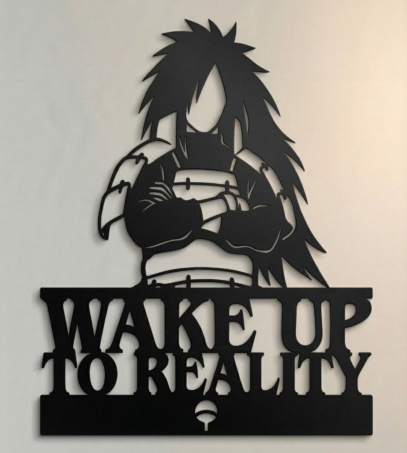 Image of KhatuShyam Solar Energy Madara Uchiha Anime Wall Decor - 'Wake Up To Reality' Quote & Uchiha Crest (18 cm X 15 cm, Black)
