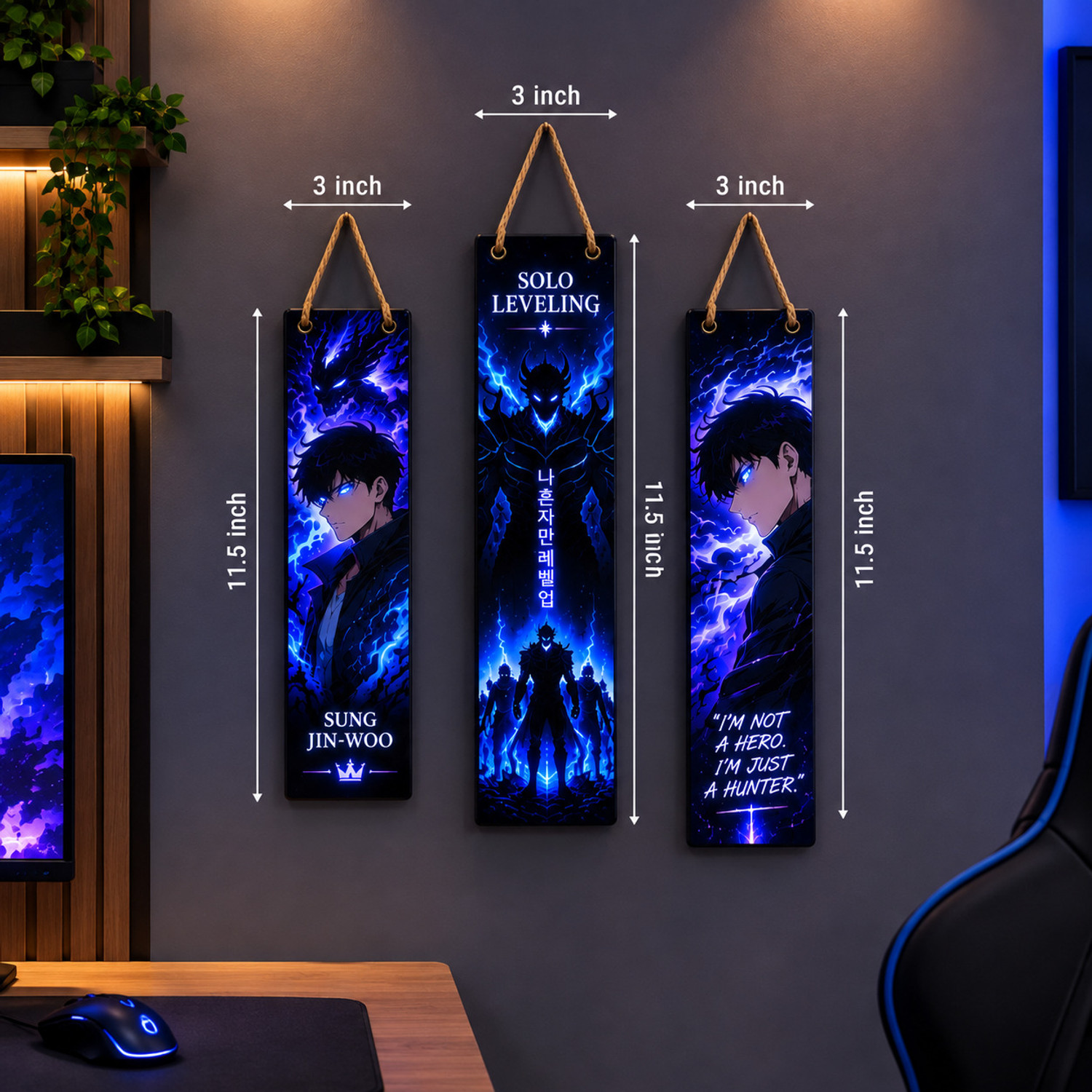 Image of DULZIFY Solo Leveling Anime Wooden Wall Hanging Plaque - Sung Jin-Woo for Room Decor Pack of 3